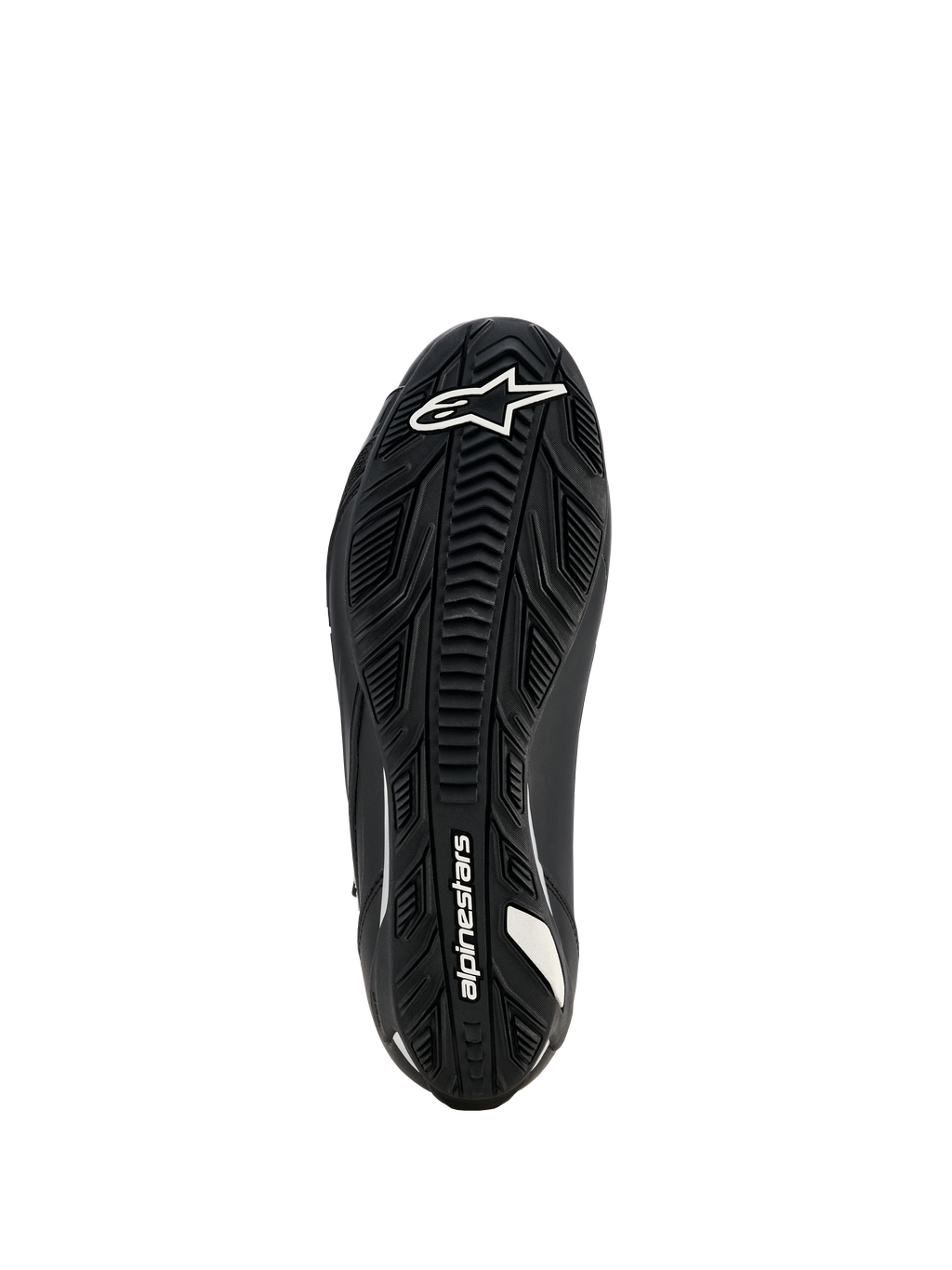 Alpinestars Stella Faster-4 Drystar damesschoenen, motorschoenen, zwart, aanzicht van de zool met getextureerde rubberen buitenzool, wit Alpinestars-logo en branding, ontworpen voor superieure grip en duurzaamheid.