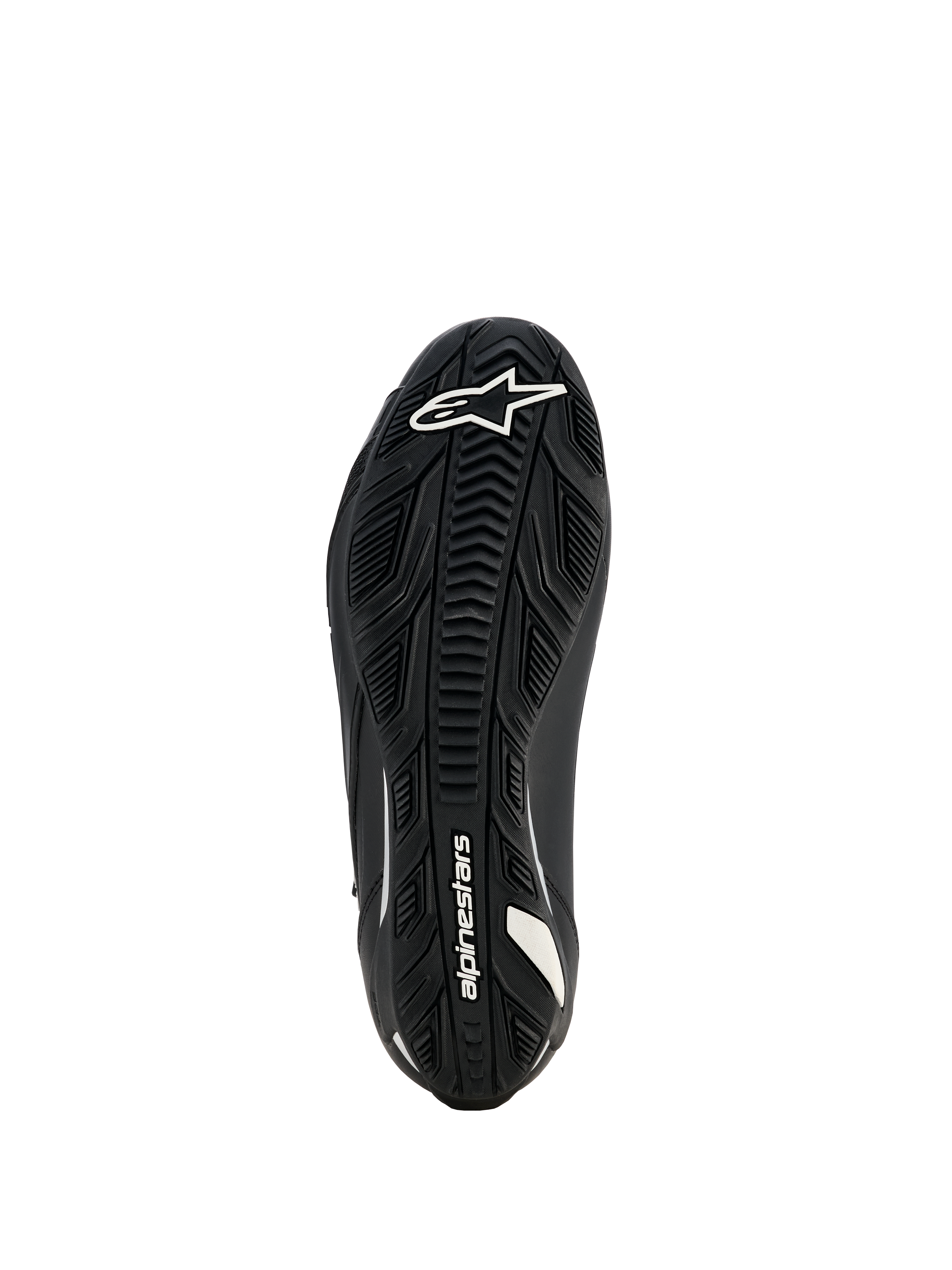 Alpinestars Stella Faster-4 Drystar damesschoenen, motorschoenen, zwart, aanzicht van de zool met getextureerde rubberen buitenzool, wit Alpinestars-logo en branding, ontworpen voor superieure grip en duurzaamheid.