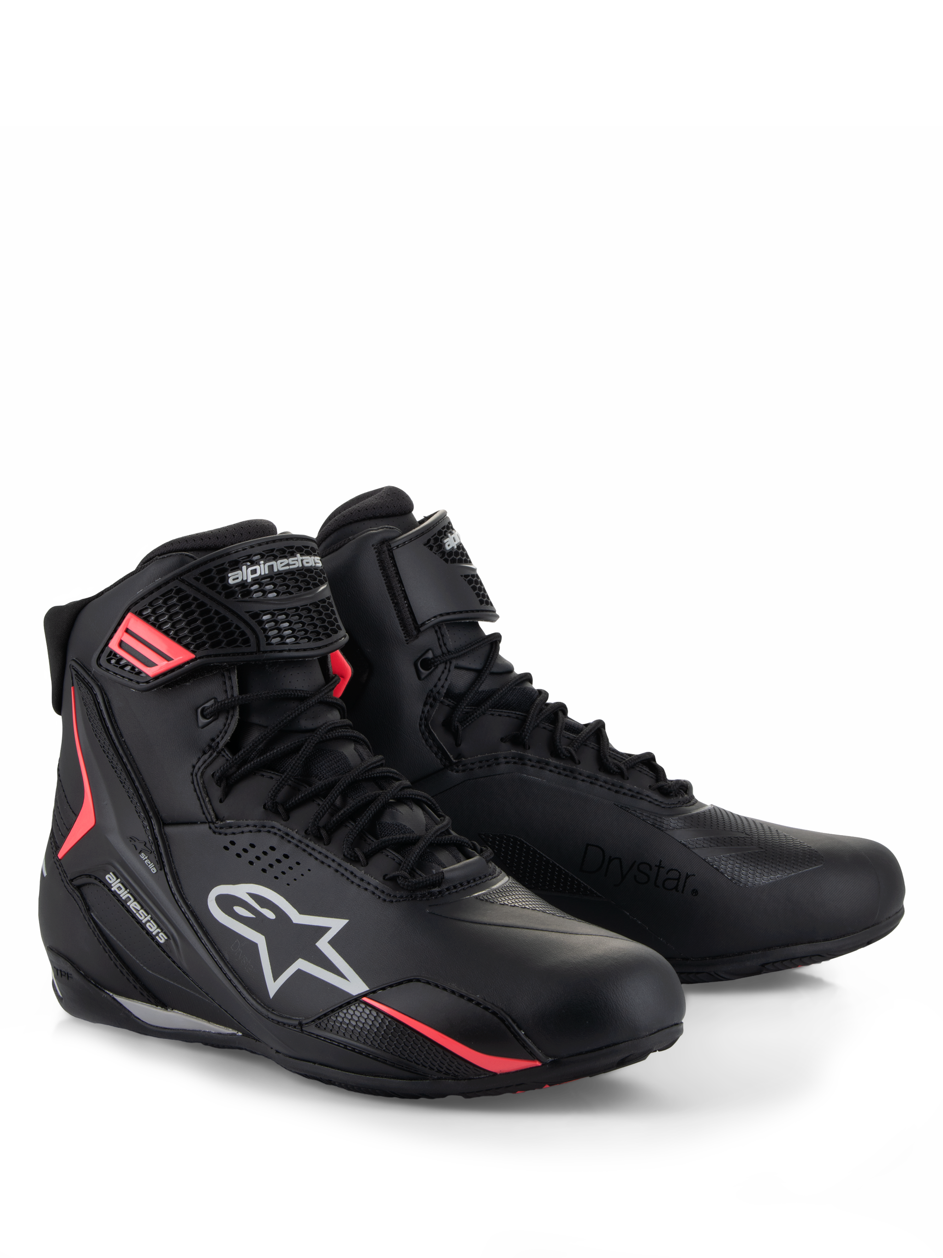 Alpinestars Stella Faster-4 Drystar® schoenen, dames motorschoenen, zwart grijs en koraal fluo, voorzien van waterdichte Drystar®-technologie, vetersluiting met stevige klittenbandsluiting, en opvallende koraalrode accenten met witte Alpinestars-branding