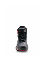 Alpinestars Stella Faster-4 Drystar® schoenen, motorrijschoenen voor dames, zwart grijs en koraal fluo, vooraanzicht met vetersluiting, beschermende enkelband met merklogo en koraalrode accenten