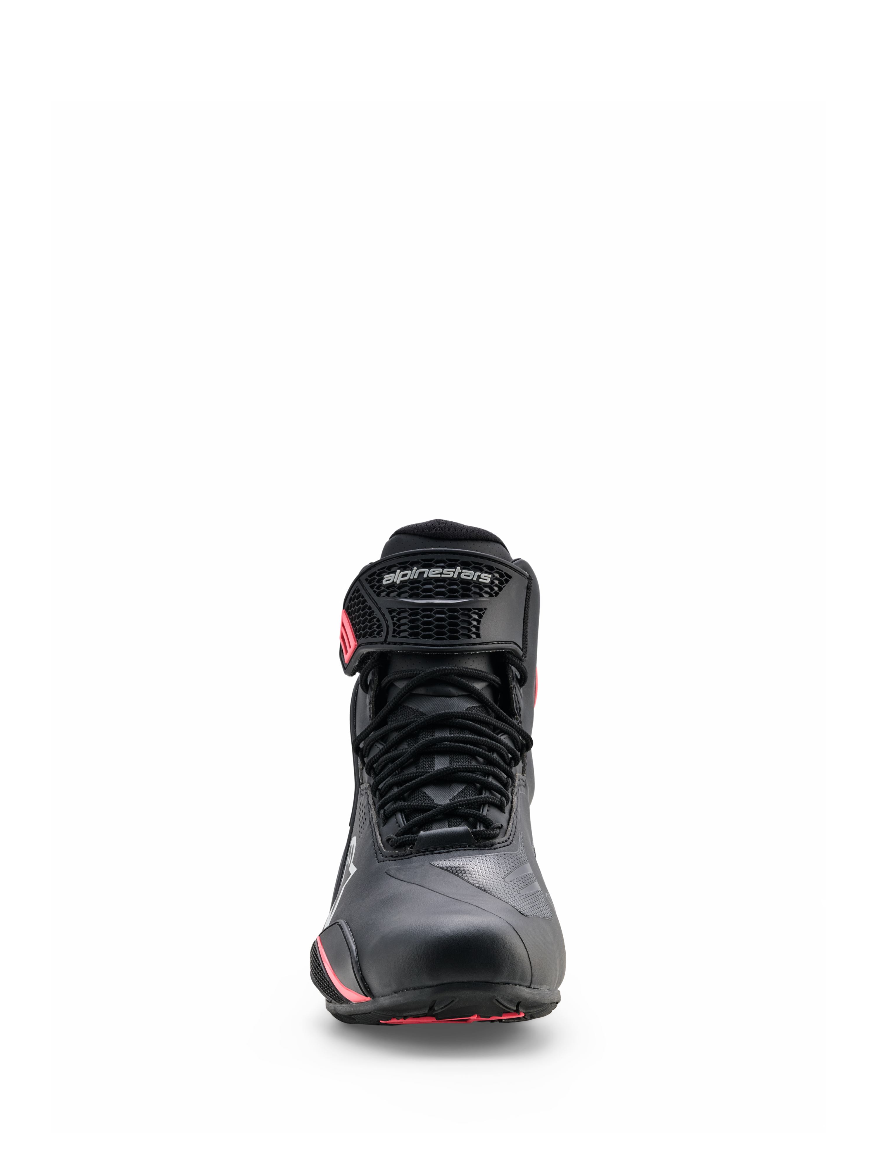 Alpinestars Stella Faster-4 Drystar® schoenen, motorrijschoenen voor dames, zwart grijs en koraal fluo, vooraanzicht met vetersluiting, beschermende enkelband met merklogo en koraalrode accenten