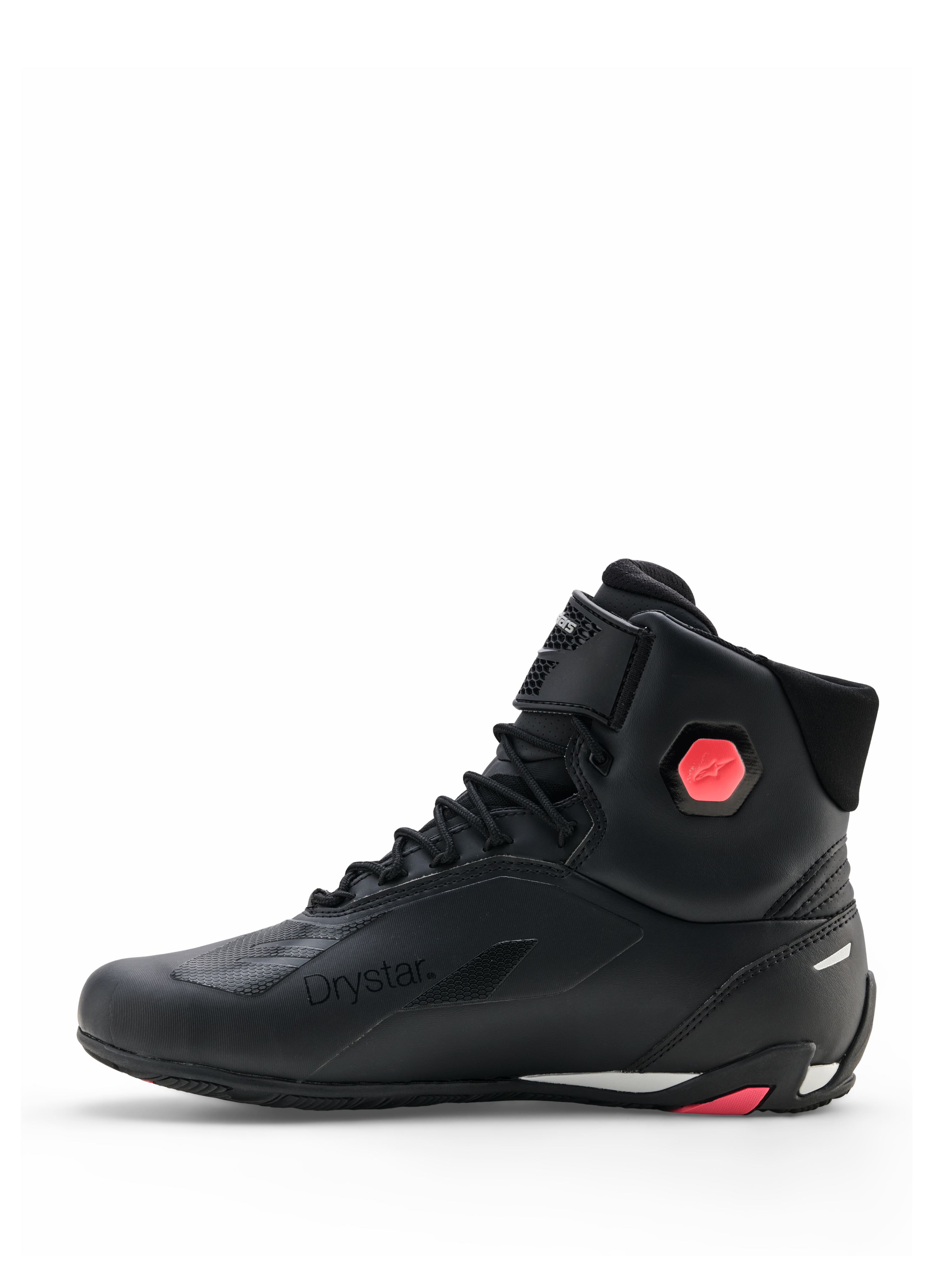 Alpinestars Stella Faster-4 Drystar® schoenen, dames motorschoenen, zwart en koraalrood fluo, zijaanzicht met naadloos bovenwerk van microvezel, vetersluiting en koraalkleurig enkelbeschermingsdetail
