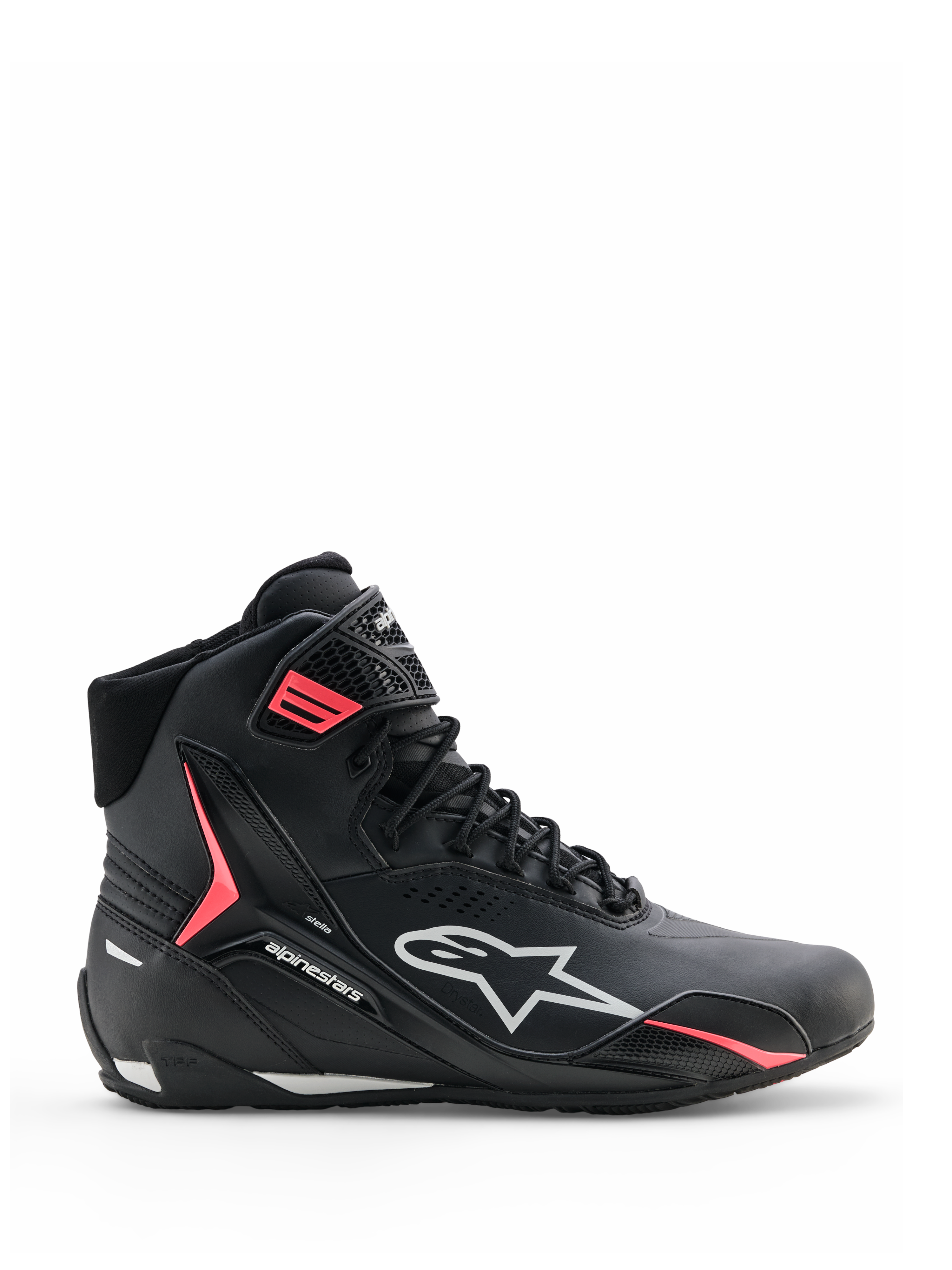 Alpinestars Stella Faster-4 Drystar schoenen, motorrijschoenen voor dames, zwart met grijze en Coral Fluo accenten, halfhoog model met merklogo op de zijkant en klittenbandsluiting, waterdicht microvezel voor sportief rijden