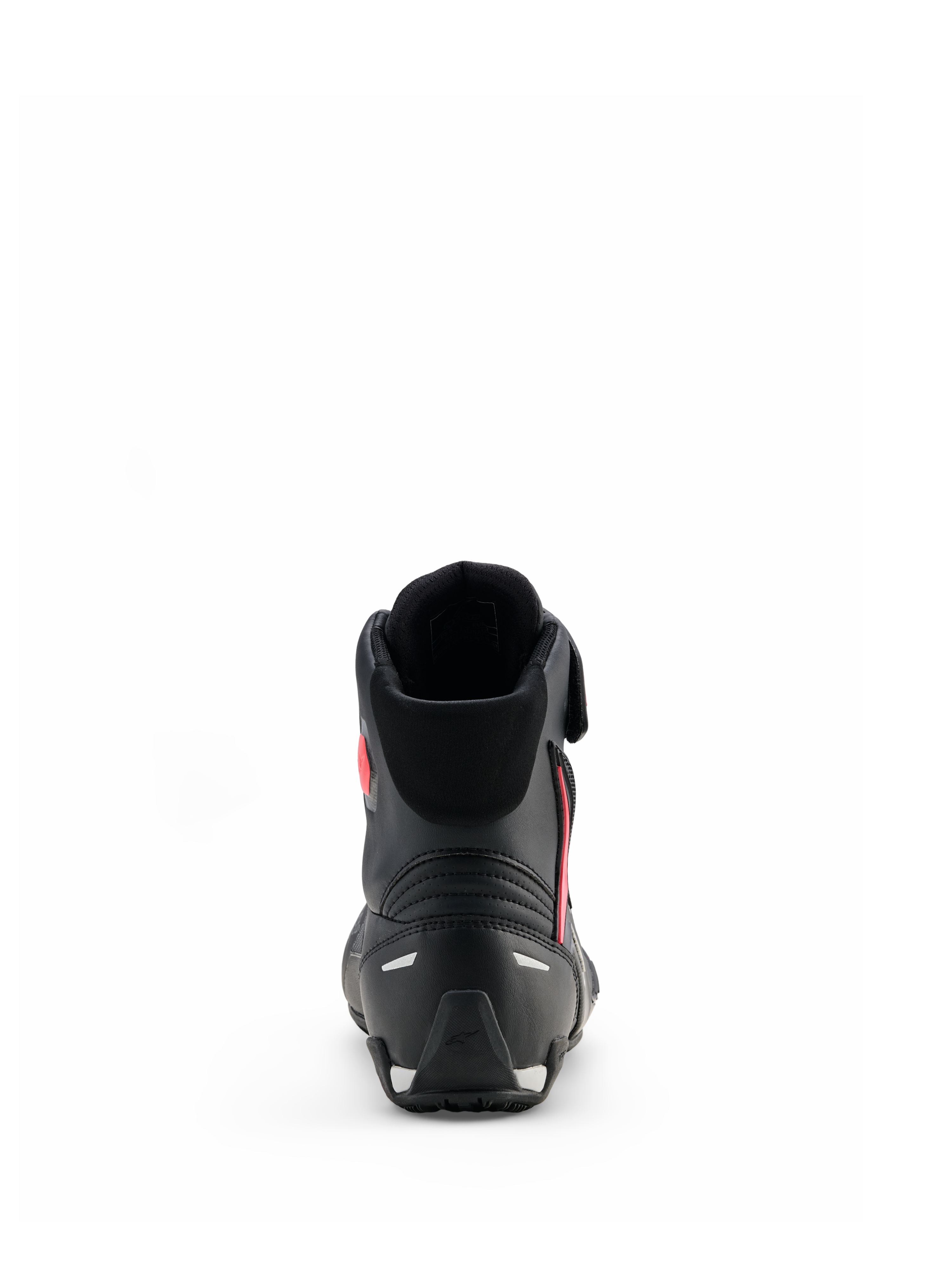 Alpinestars Stella Faster-4 Drystar® damesschoenen, Black Gray Coral Fluo, achteraanzicht met hielondersteuning en reflecterende accenten, waterdichte motorrijschoenen met een sportief ontwerp voor dames