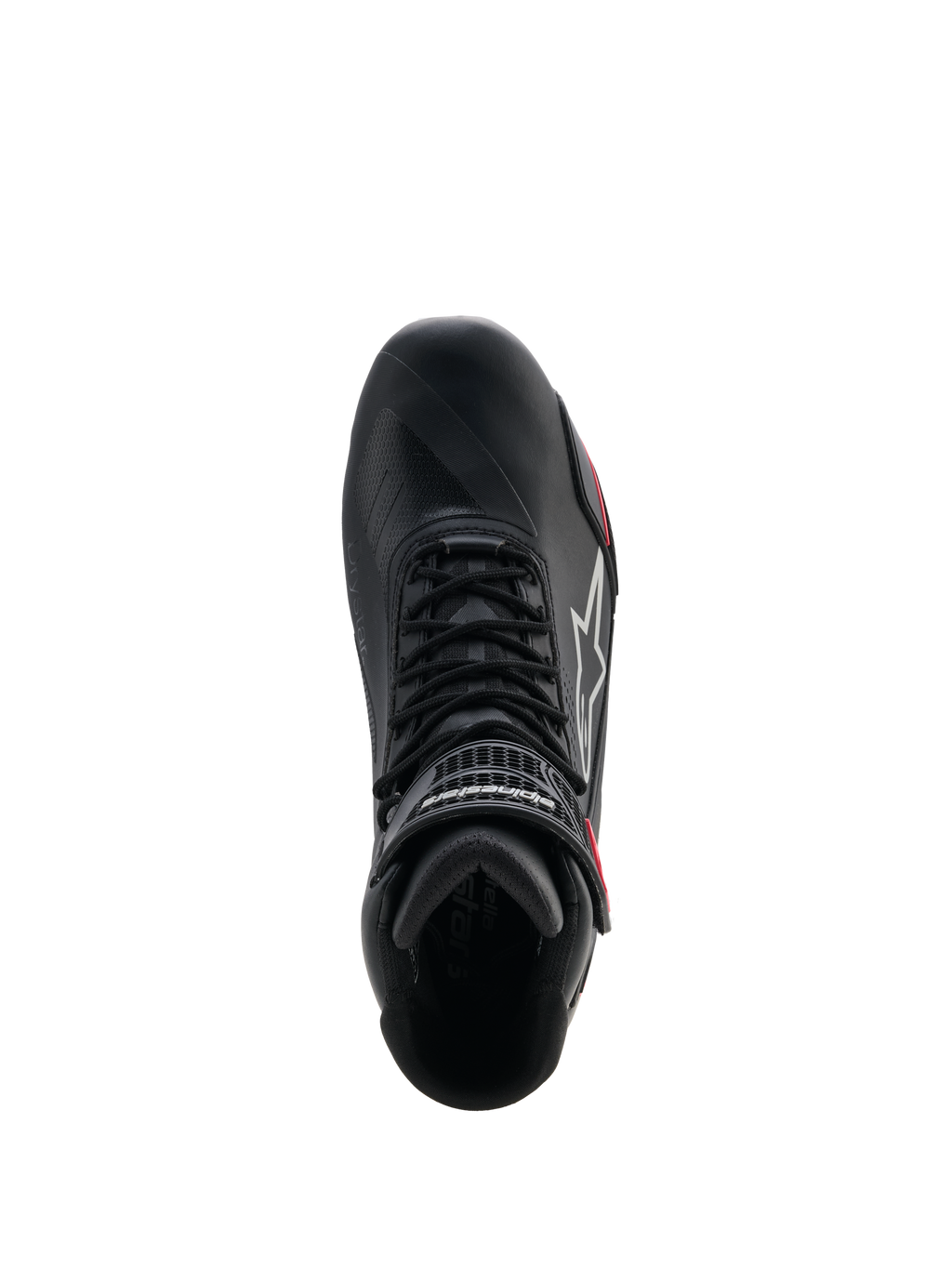 Alpinestars Stella Faster-4 Drystar® damesschoenen, motorschoenen, zwart, grijs en koraal fluo, bovenaanzicht met vetersysteem en klittenbandsluiting bij de enkel, strak microfiber design met waterdichte Drystar®-technologie