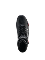 Alpinestars Stella Faster-4 Drystar® damesschoenen, motorschoenen, zwart, grijs en koraal fluo, bovenaanzicht met vetersysteem en klittenbandsluiting bij de enkel, strak microfiber design met waterdichte Drystar®-technologie