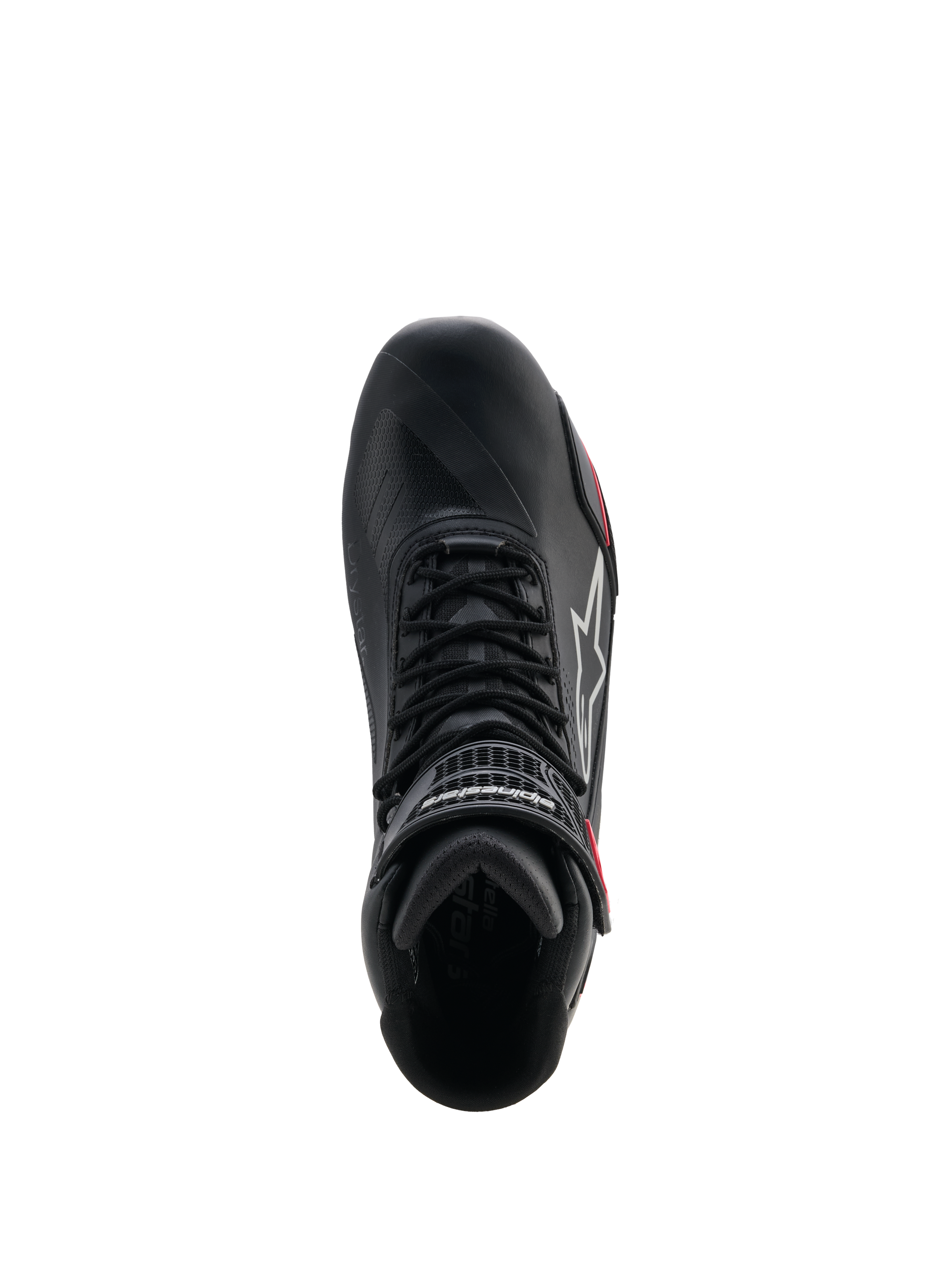 Alpinestars Stella Faster-4 Drystar® damesschoenen, motorschoenen, zwart, grijs en koraal fluo, bovenaanzicht met vetersysteem en klittenbandsluiting bij de enkel, strak microfiber design met waterdichte Drystar®-technologie