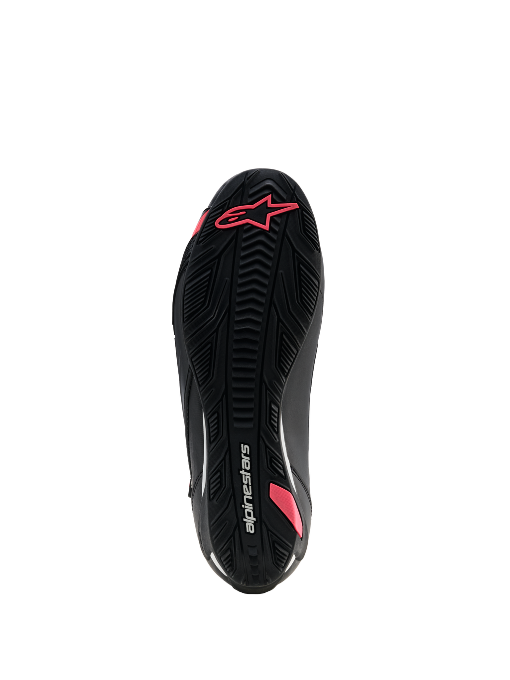 Alpinestars Stella Faster-4 Drystar® schoenen, motorfietsschoenen voor dames, zwart en Coral Fluo, onderaanzicht van de getextureerde rubberen zool met grippatroon, Astars-logo en Alpinestars-branding.