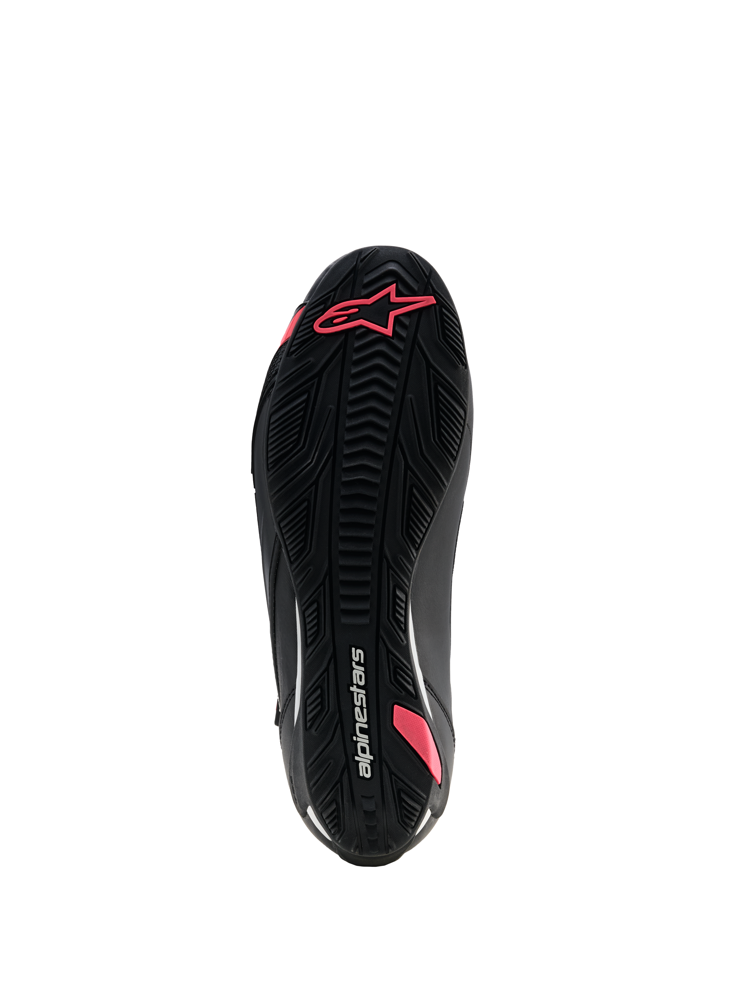 Alpinestars Stella Faster-4 Drystar® schoenen, motorfietsschoenen voor dames, zwart en Coral Fluo, onderaanzicht van de getextureerde rubberen zool met grippatroon, Astars-logo en Alpinestars-branding.