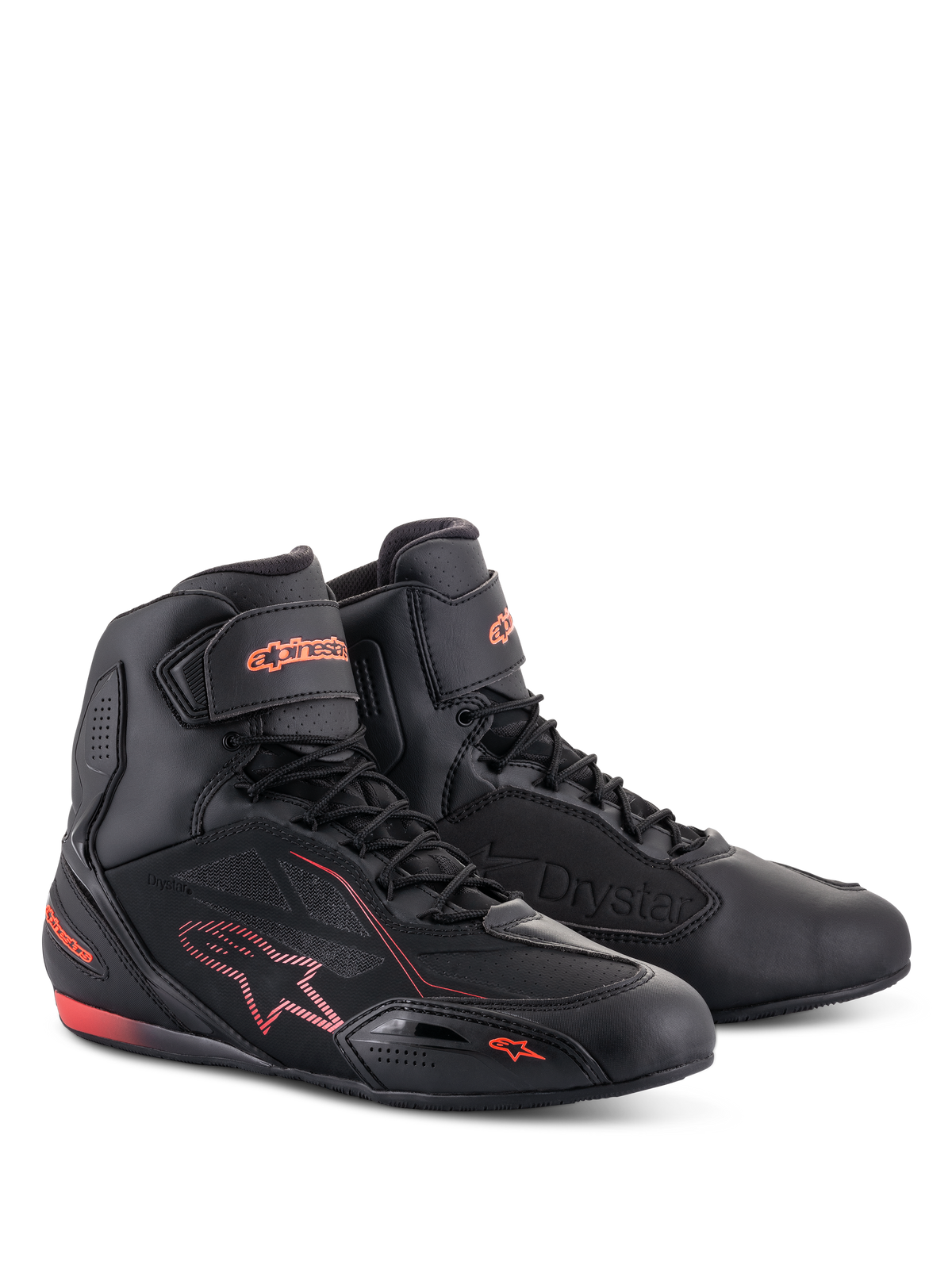 Alpinestars Faster-3 Drystar® schoenen, motorschoenen, zwart en fluoriserend rood, met een hoog model, vetersluiting en enkelband, microfiber constructie met fluoriserend rode branding en accenten.