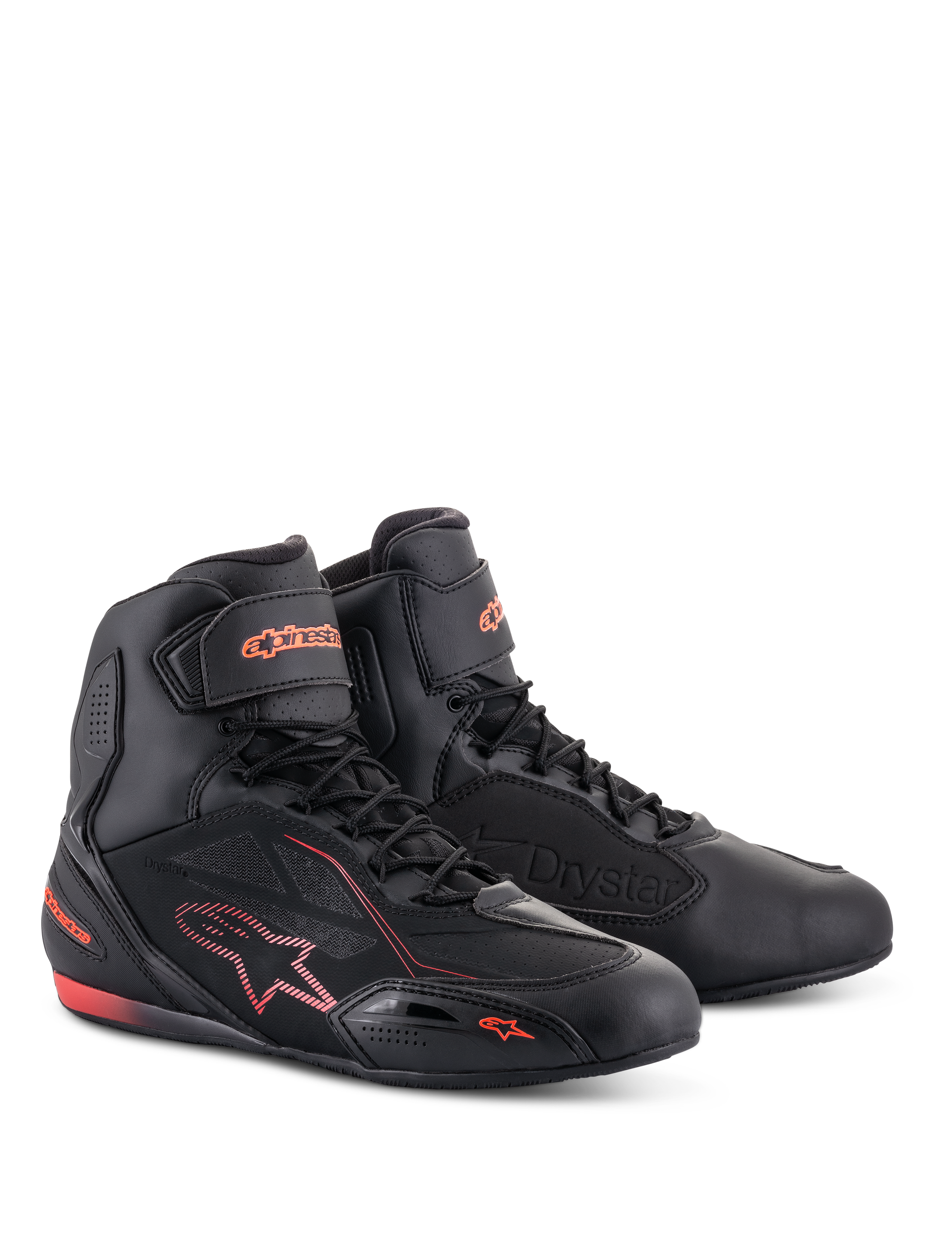 Alpinestars Faster-3 Drystar® schoenen, motorschoenen, zwart en fluoriserend rood, met een hoog model, vetersluiting en enkelband, microfiber constructie met fluoriserend rode branding en accenten.