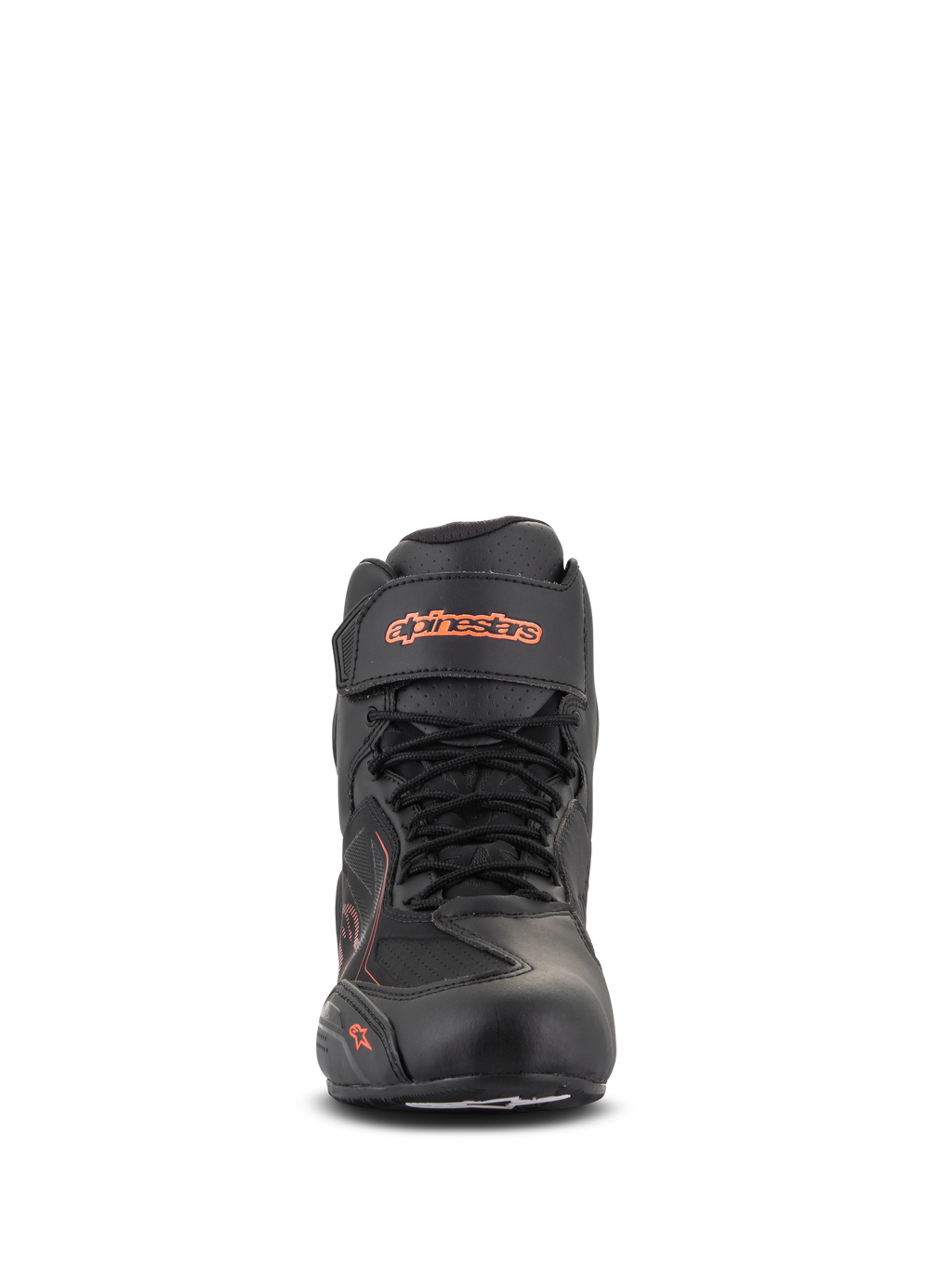 Alpinestars Faster-3 Drystar® schoenen, zwart en fluo rood, vooraanzicht, waterdichte motorschoen met microfiber chassis, vetersluiting met klittenband enkelband, fluorescerende merklogo's