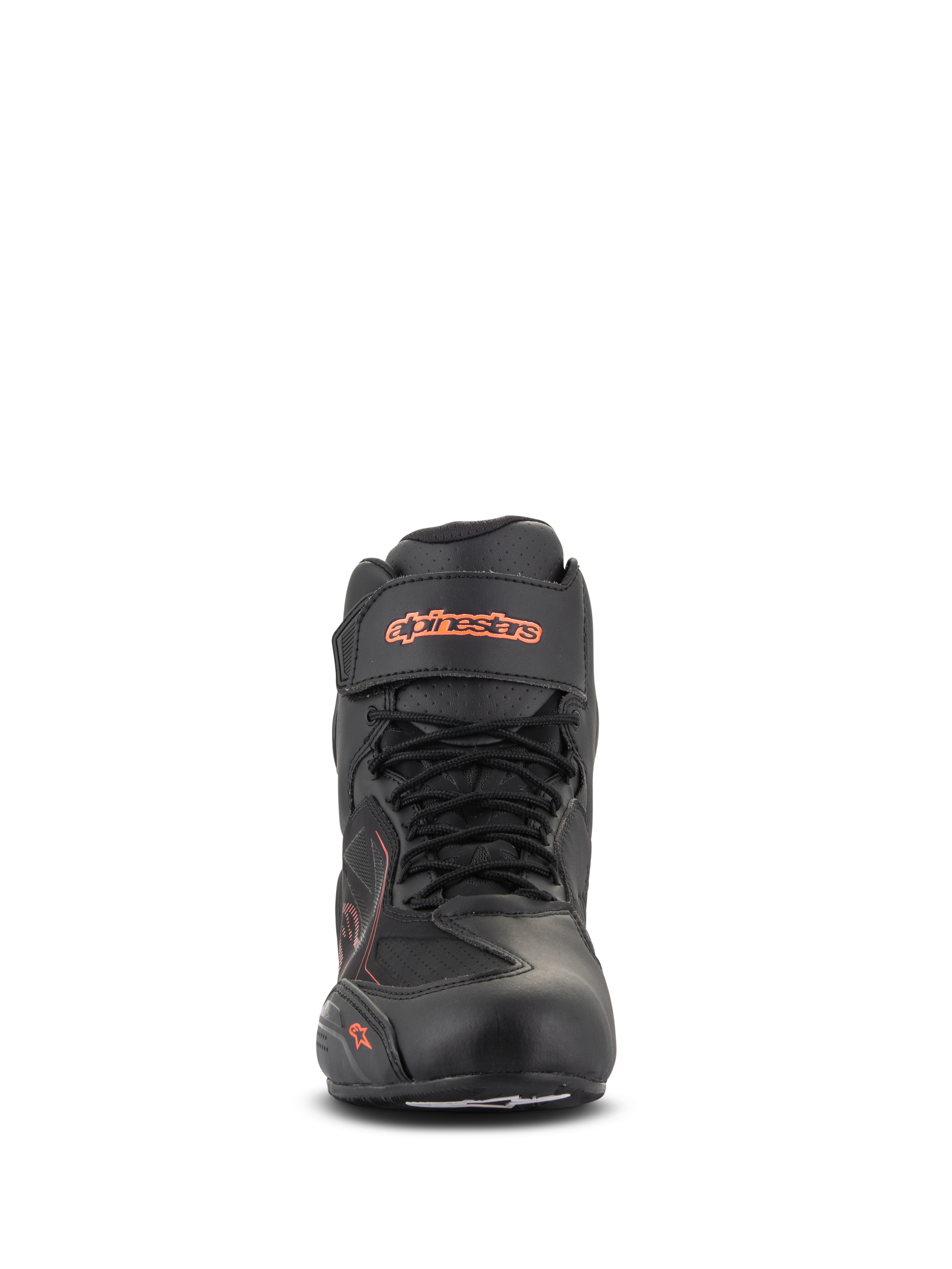 Alpinestars Faster-3 Drystar® schoenen, zwart en fluo rood, vooraanzicht, waterdichte motorschoen met microfiber chassis, vetersluiting met klittenband enkelband, fluorescerende merklogo's