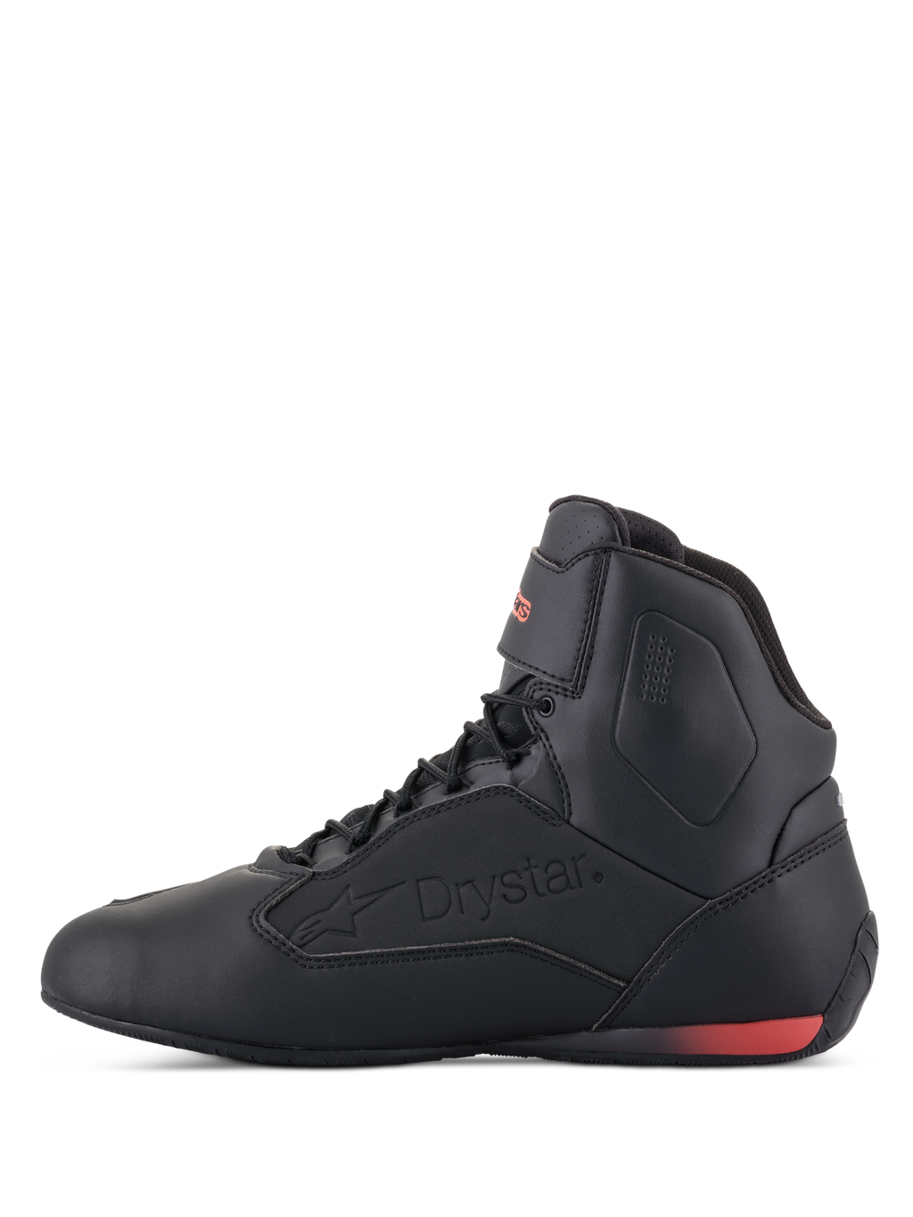 Alpinestars Faster-3 Drystar® schoenen, motorschoenen, zwart met fluo rood, zijaanzicht met reliëf Drystar-logo en fluorescerend rood hielaccent, strak microfiber chassis voor stads- en weggebruik