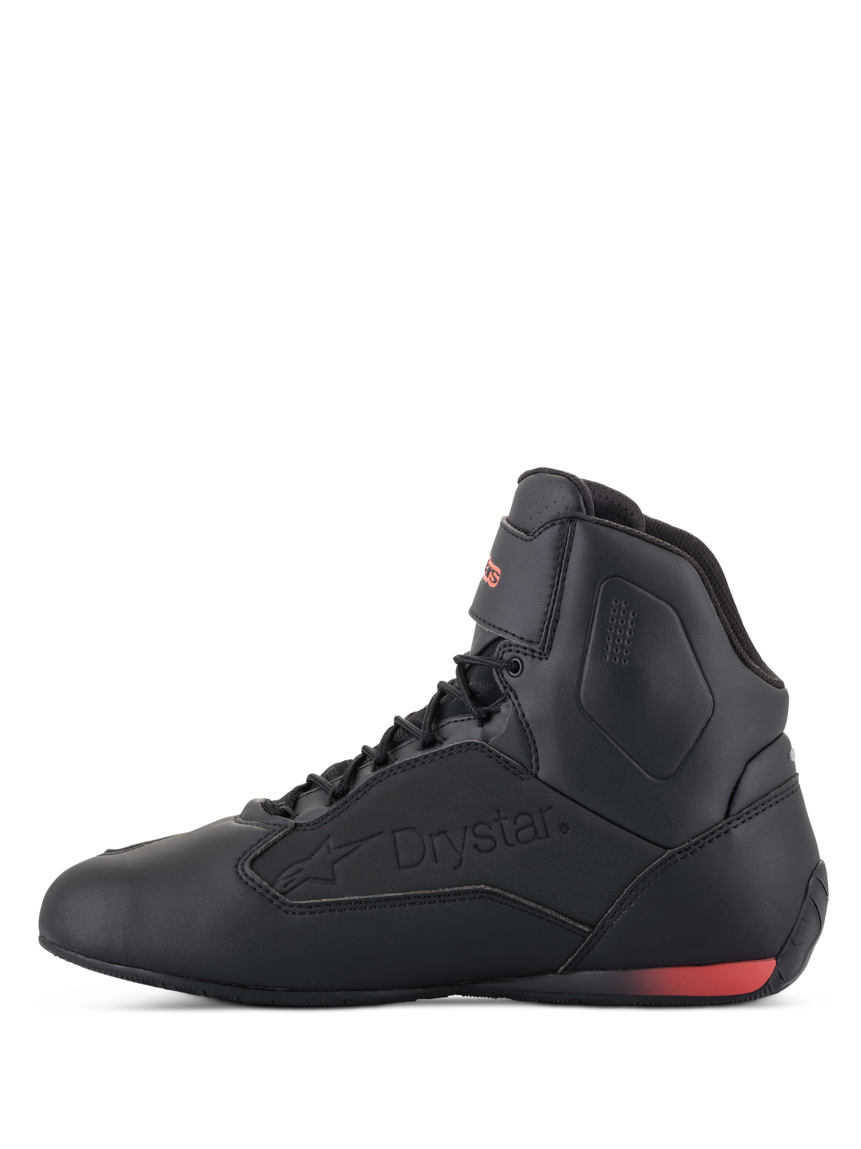 Alpinestars Faster-3 Drystar® schoenen, motorschoenen, zwart met fluo rood, zijaanzicht met reliëf Drystar-logo en fluorescerend rood hielaccent, strak microfiber chassis voor stads- en weggebruik