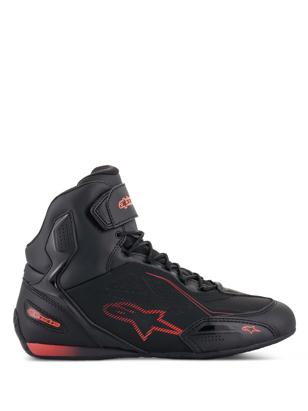 Alpinestars Faster-3 Drystar schoenen, motorschoenen in zwart en fluo rood, zijaanzicht, hoog sneakermodel met lichtgewicht microfiber chassis, waterdicht Drystar-membraan, rood sterlogo en branding, klittenbandsluiting bij de enkel en geperforeerde details voor ademend vermogen.