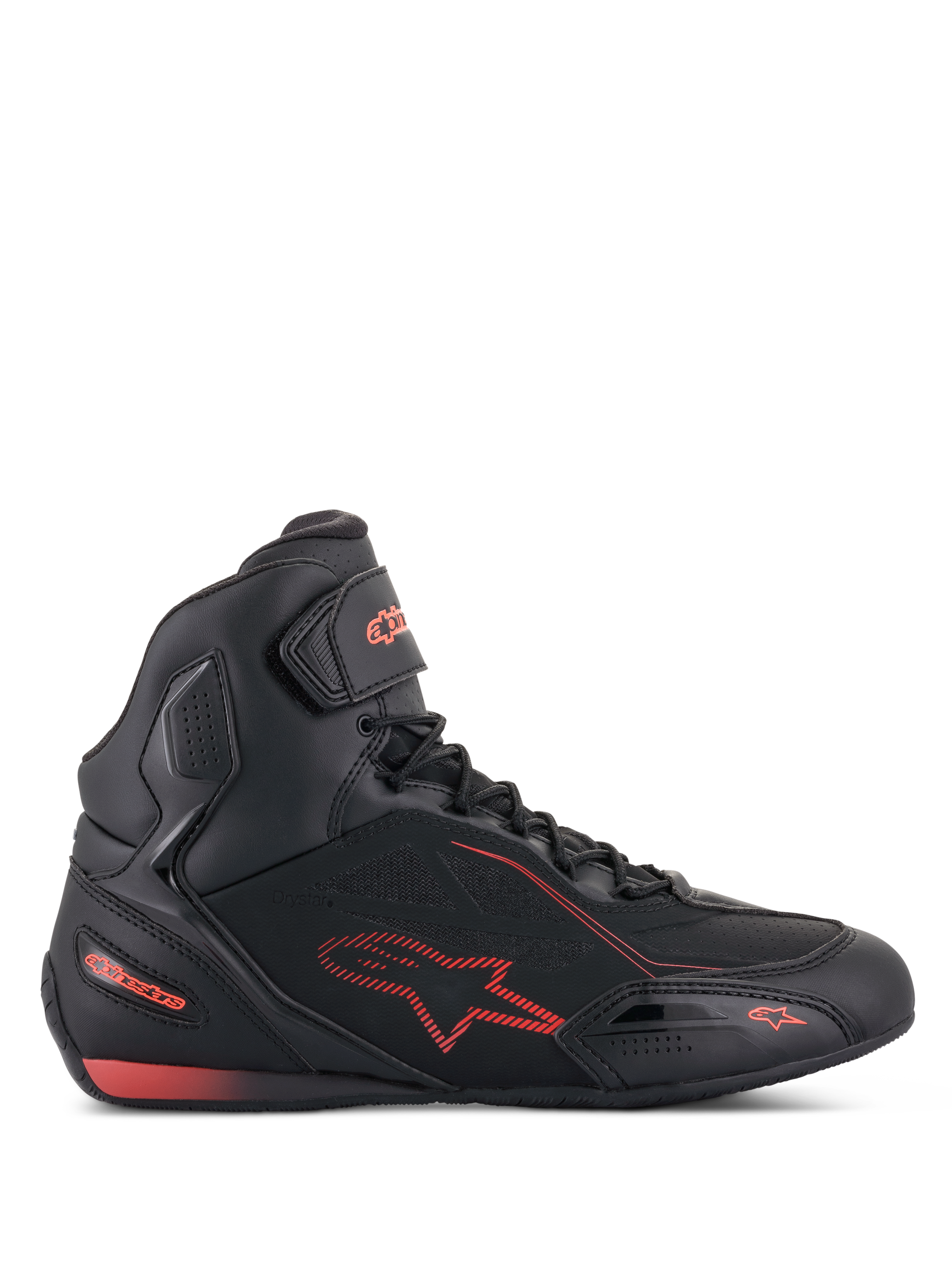 Alpinestars Faster-3 Drystar schoenen, motorschoenen in zwart en fluo rood, zijaanzicht, hoog sneakermodel met lichtgewicht microfiber chassis, waterdicht Drystar-membraan, rood sterlogo en branding, klittenbandsluiting bij de enkel en geperforeerde details voor ademend vermogen.