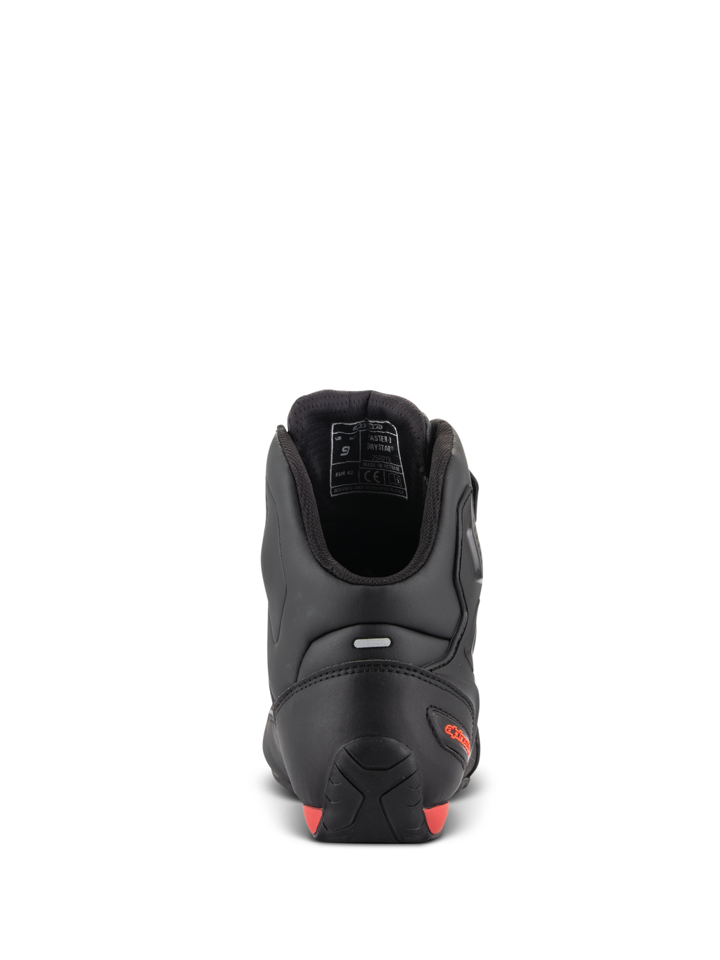 Alpinestars Faster-3 Drystar® schoenen, motorschoenen, achteraanzicht met de hiel en enkel, zwart microfiber met fluo rode accenten, reflecterende strip voor zichtbaarheid, sportief geïnspireerd beschermend schoeisel voor weg- en stadsgebruik.