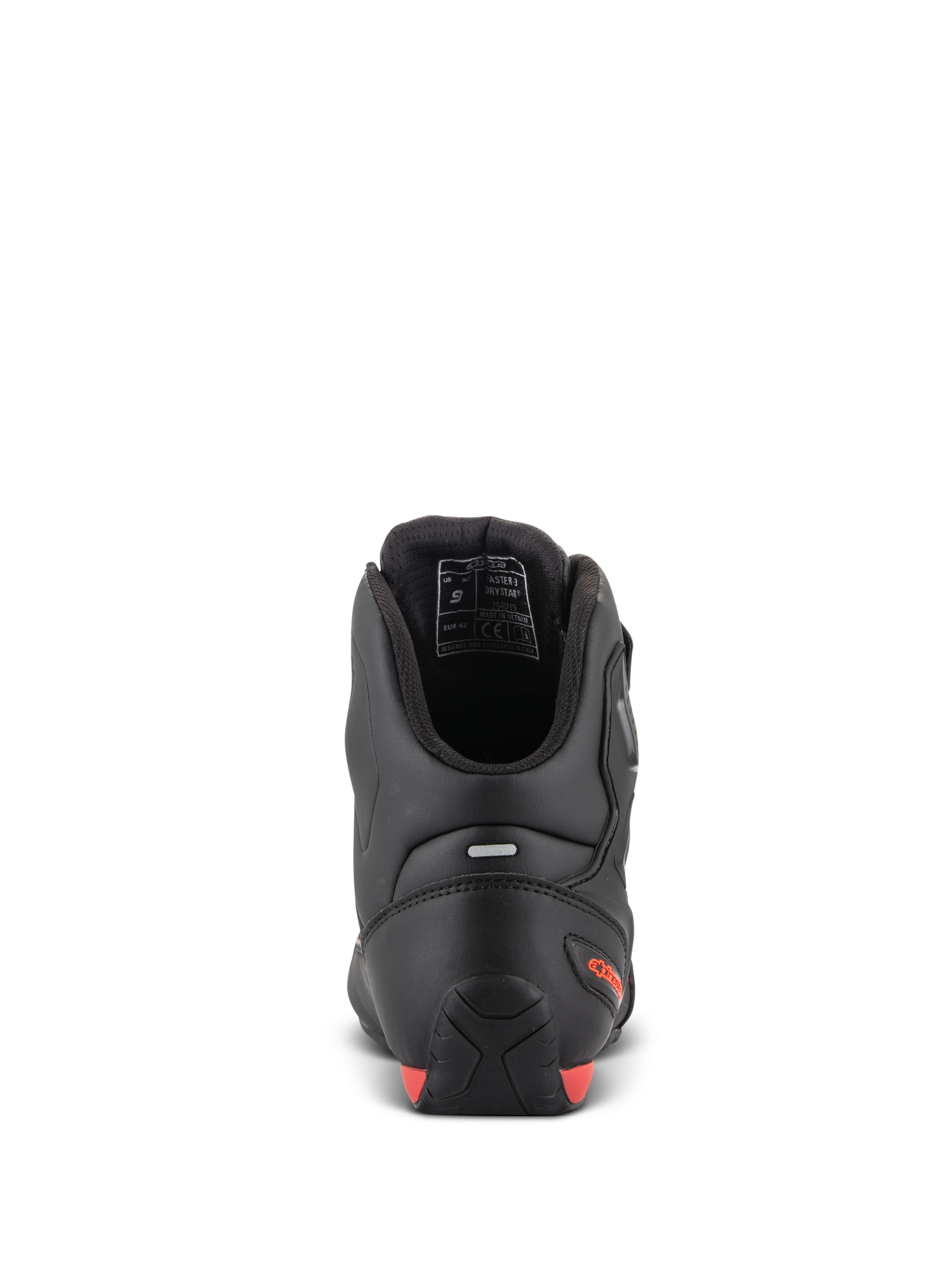 Alpinestars Faster-3 Drystar® schoenen, motorschoenen, achteraanzicht met de hiel en enkel, zwart microfiber met fluo rode accenten, reflecterende strip voor zichtbaarheid, sportief geïnspireerd beschermend schoeisel voor weg- en stadsgebruik.