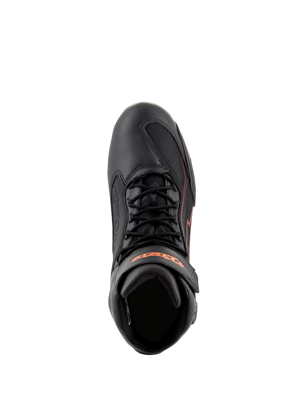 Alpinestars Faster-3 Drystar® schoenen, motorschoenen, zwart met fluorescerend rode accenten, bovenaanzicht met veters en enkelband, technische microfiber constructie