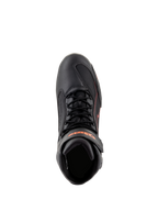 Alpinestars Faster-3 Drystar® schoenen, motorschoenen, zwart met fluorescerend rode accenten, bovenaanzicht met veters en enkelband, technische microfiber constructie