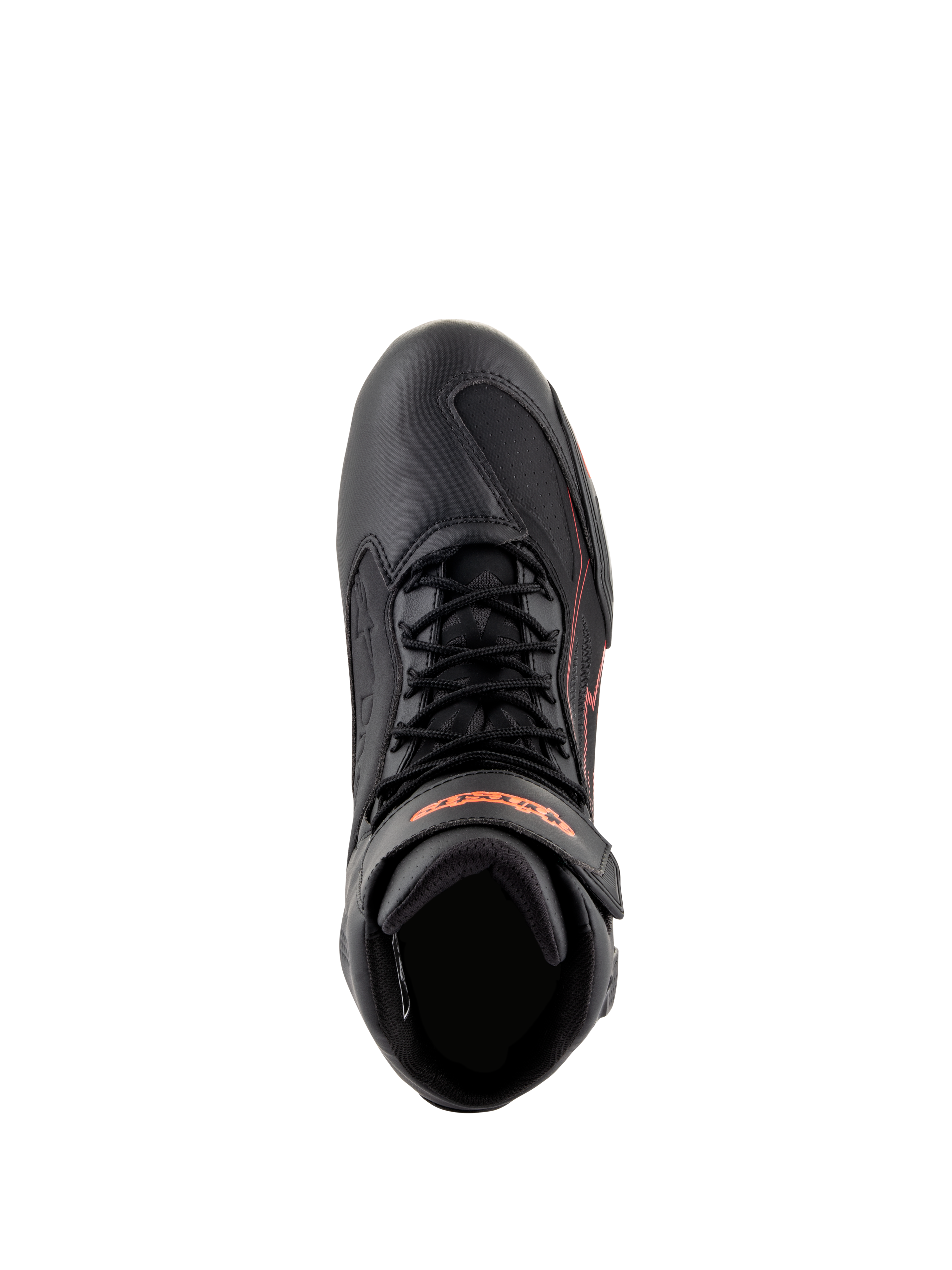 Alpinestars Faster-3 Drystar® schoenen, motorschoenen, zwart met fluorescerend rode accenten, bovenaanzicht met veters en enkelband, technische microfiber constructie
