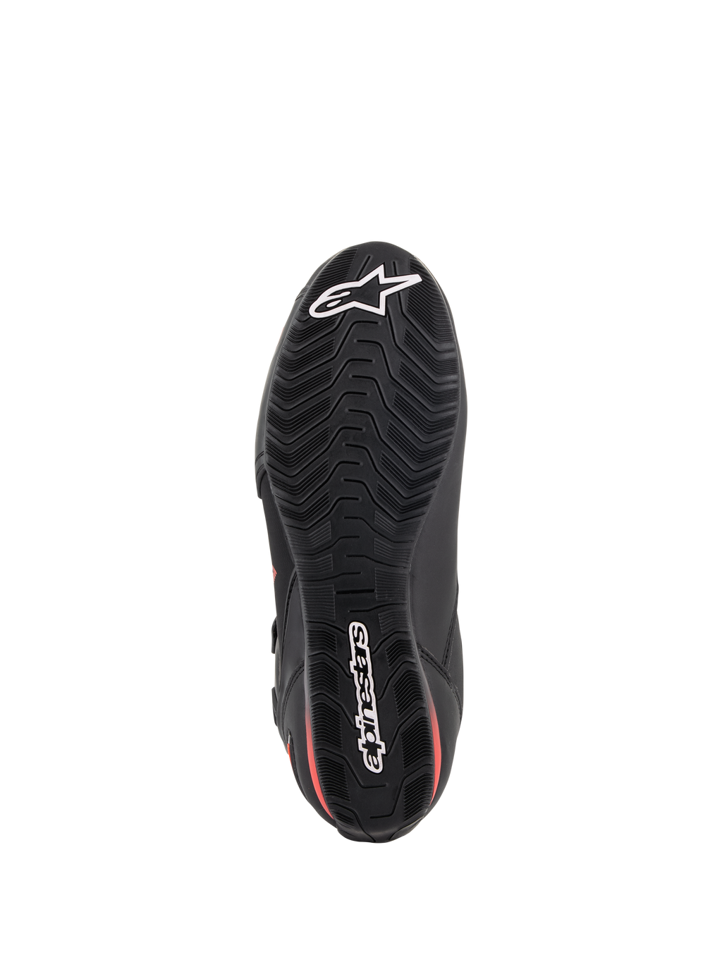 Alpinestars Faster-3 Drystar® schoenen, motorschoenen, zwart en fluorood, onderaanzicht van de zool, getextureerde rubberen buitenzool met gegolfd loopvlakprofiel, met witte Alpinestars ster en woordmerk logo's, waterdicht performance schoeisel