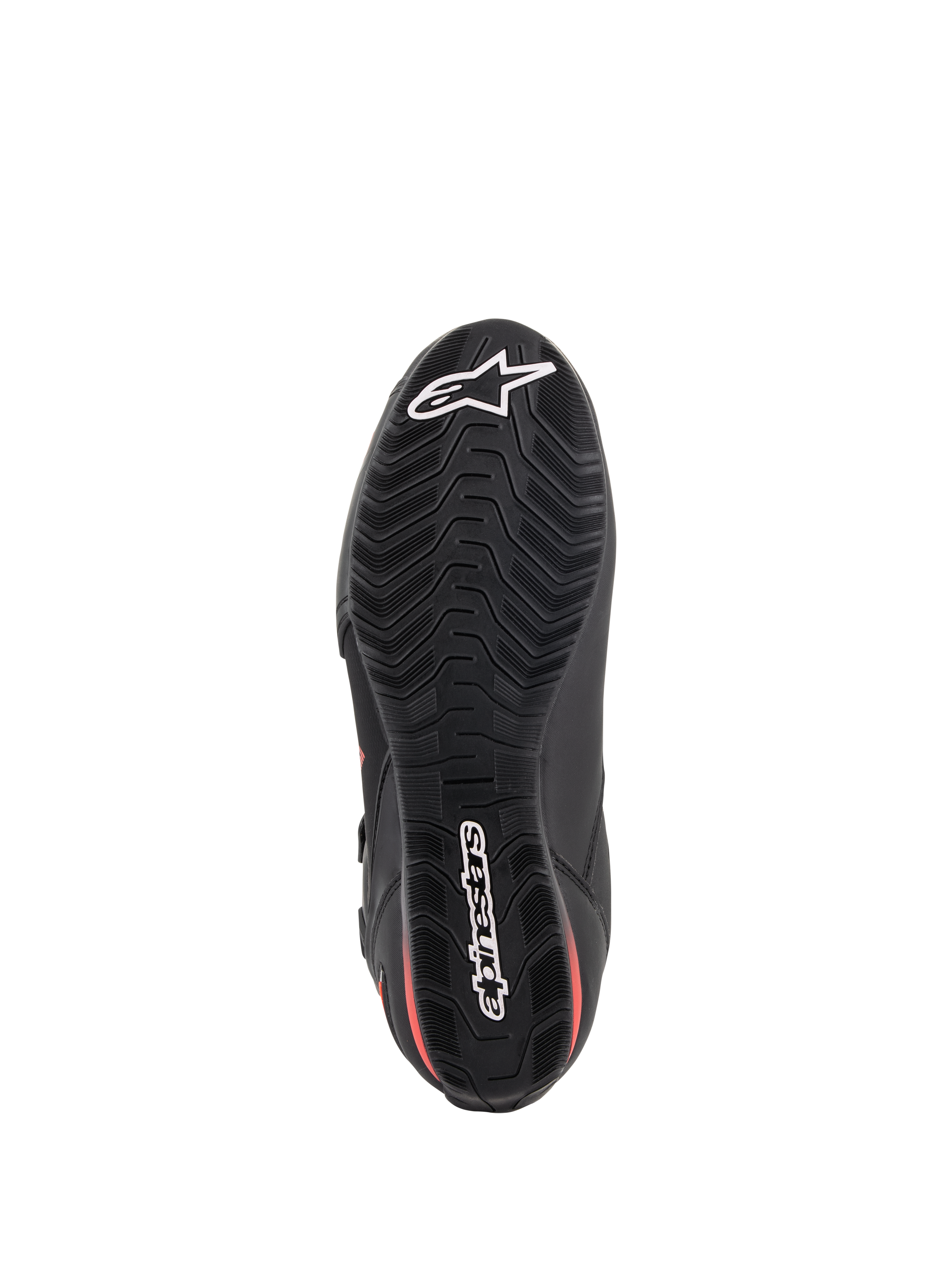 Alpinestars Faster-3 Drystar® schoenen, motorschoenen, zwart en fluorood, onderaanzicht van de zool, getextureerde rubberen buitenzool met gegolfd loopvlakprofiel, met witte Alpinestars ster en woordmerk logo's, waterdicht performance schoeisel
