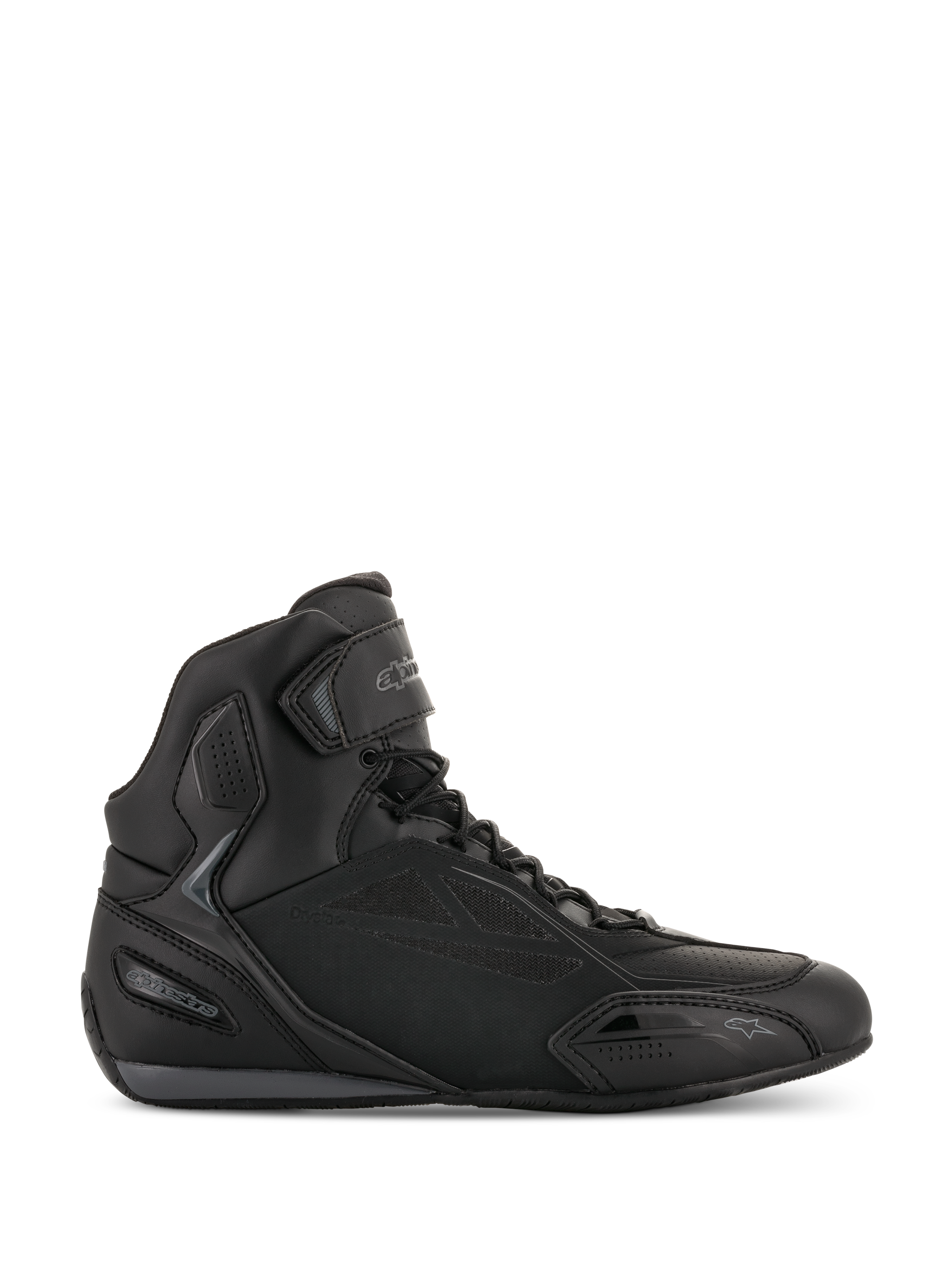 Alpinestars Faster-3 Drystar Riding Shoes, Black and Cool Gray Motorcycle Sneakers, High-top design with lace closure and Velcro strap, waterproof microfiber chassis, sporty road riding footwear