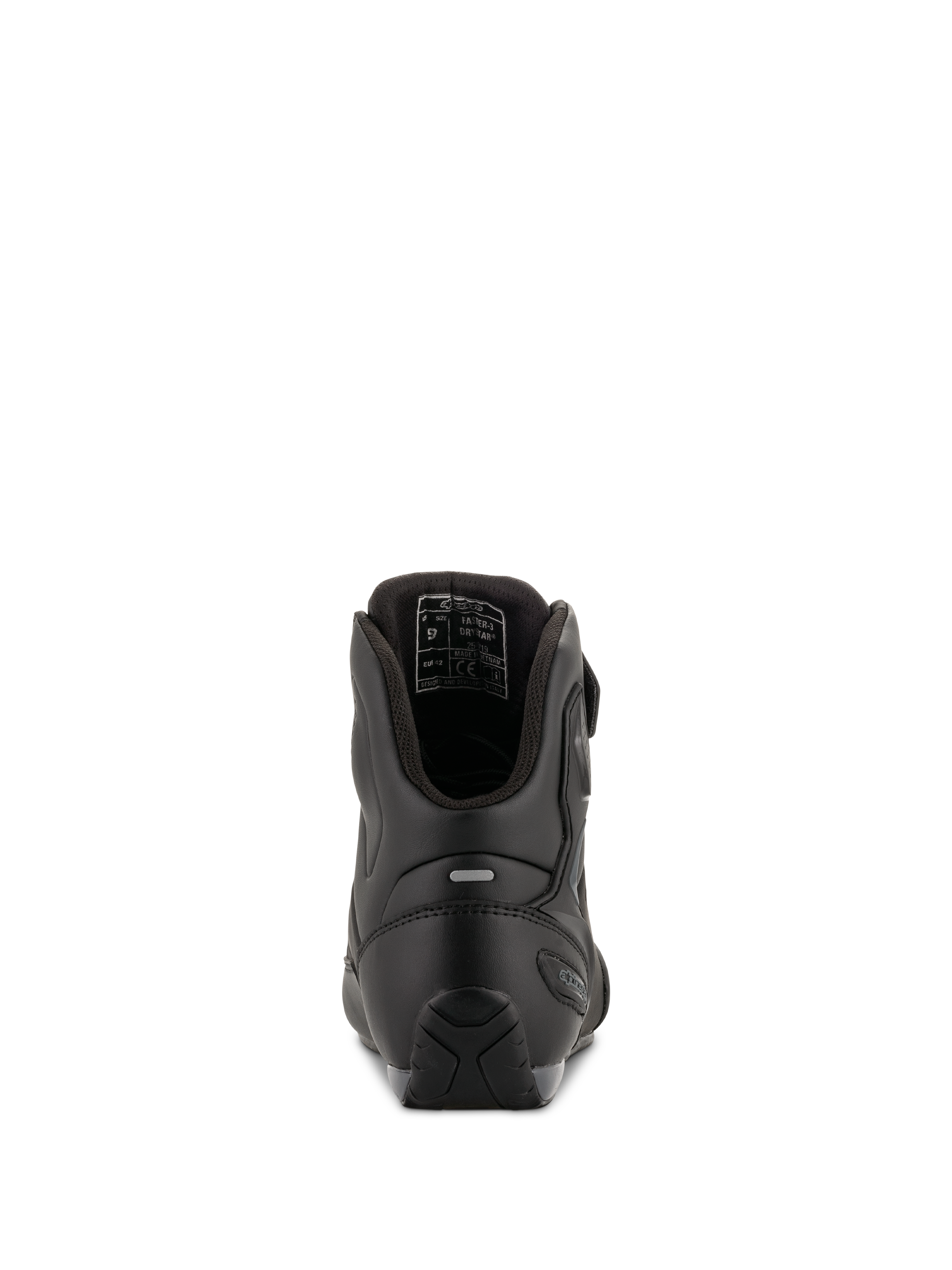 Alpinestars Faster-3 Drystar® Riding Shoes, Black Cool Gray, rear view showing heel reinforcement, reflective tab, and internal lining, waterproof microfiber construction for road riding.