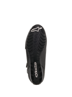 Alpinestars Faster-3 Drystar® Riding Shoes, sole view, black rubber with wavy textured tread pattern, white Alpinestars star logo on the toe and wordmark on the heel, technical motorcycle footwear.