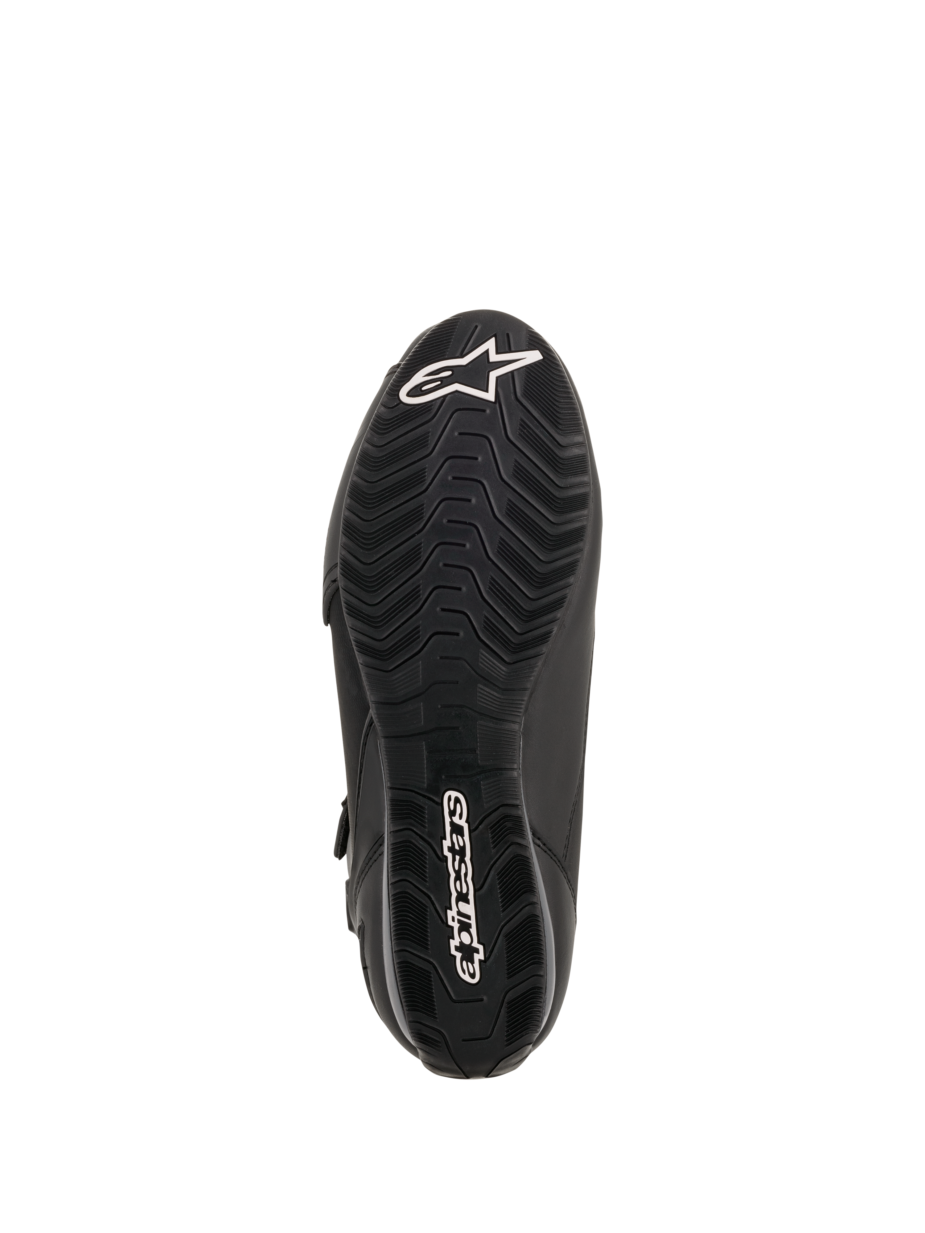 Alpinestars Faster-3 Drystar® Riding Shoes, sole view, black rubber with wavy textured tread pattern, white Alpinestars star logo on the toe and wordmark on the heel, technical motorcycle footwear.