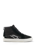 Alpinestars Ride-63 Canvas schoenen, zwart-witte hoge motorsneakers, urban casual rijschoenen, canvas en suède bovenwerk, zijprofiel met wit Astars-logo, platte witte rubberen zool