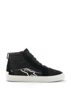 Alpinestars Ride-63 Canvas schoenen, zwart-witte hoge motorsneakers, urban casual rijschoenen, canvas en suède bovenwerk, zijprofiel met wit Astars-logo, platte witte rubberen zool