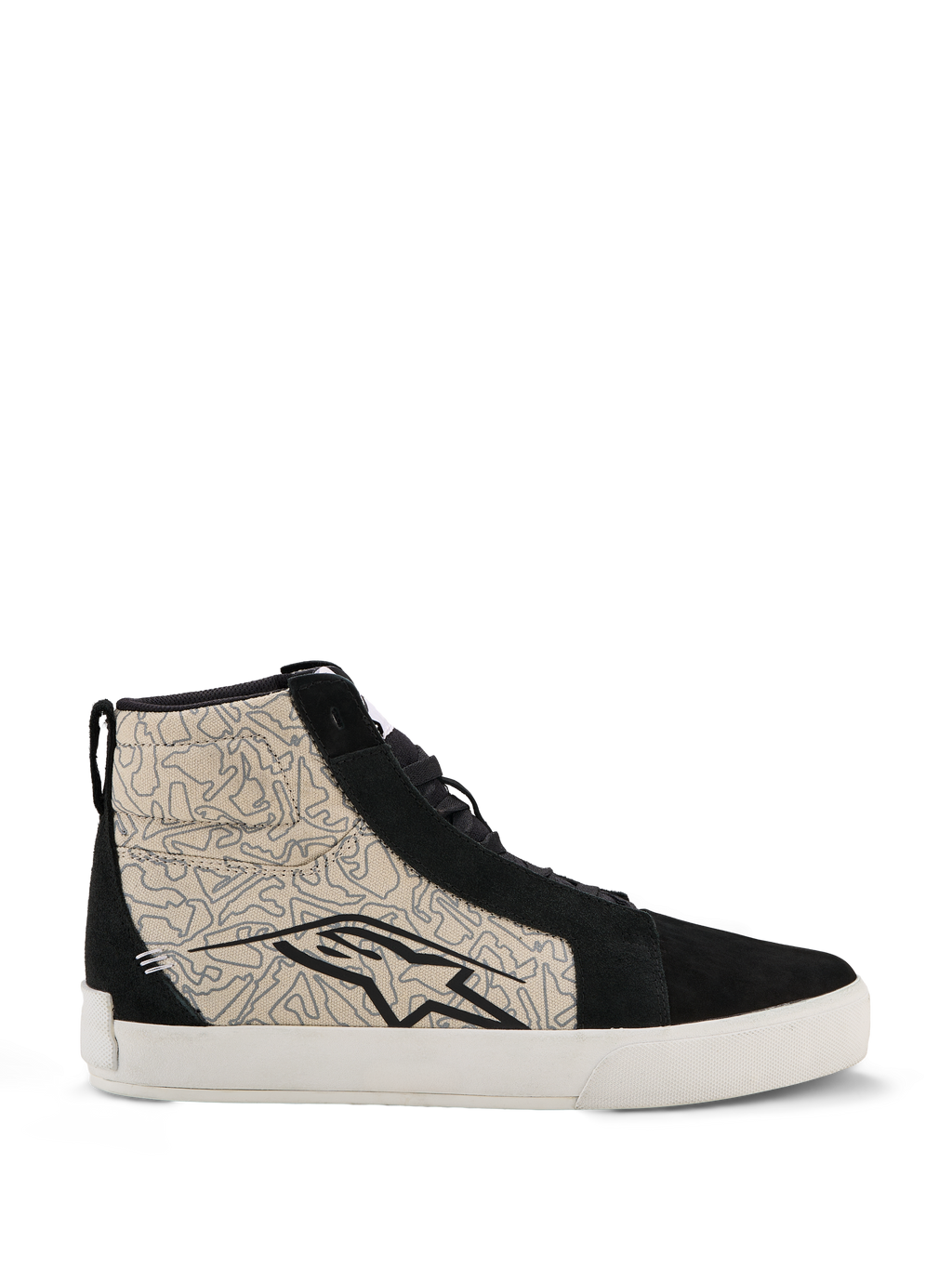 Alpinestars Ride-63 Canvas schoenen, urban motorschoenen, zwart en Cool Gray met witte zool, high-top op skate geïnspireerd design met zijpanelen van textiel met patroon en zwarte suède overlays, groot zwart Alpinestars-logo, gevulkaniseerde rubberen zool