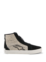 Alpinestars Ride-63 Canvas schoenen, urban motorschoenen, zwart en Cool Gray met witte zool, high-top op skate geïnspireerd design met zijpanelen van textiel met patroon en zwarte suède overlays, groot zwart Alpinestars-logo, gevulkaniseerde rubberen zool