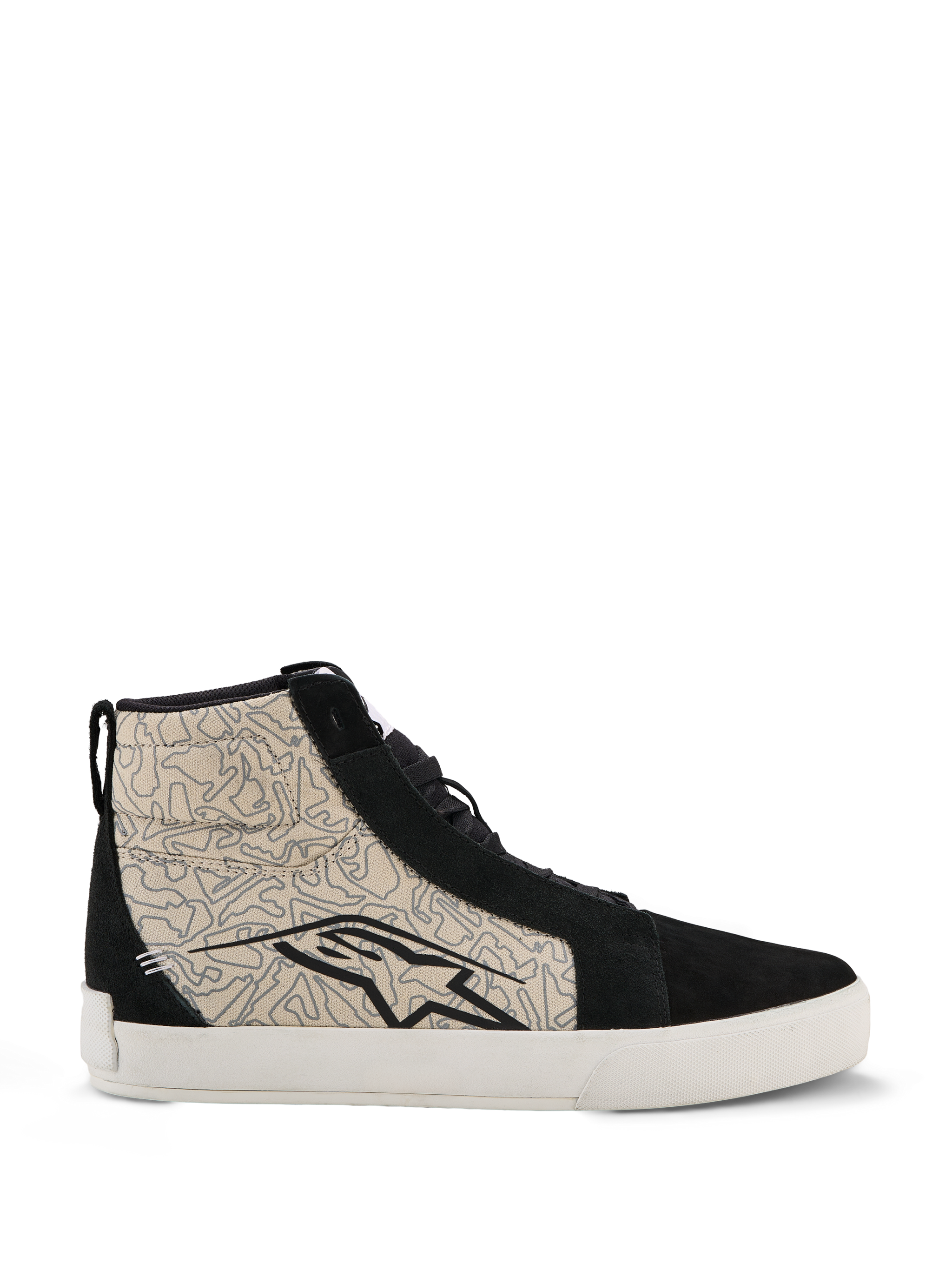Alpinestars Ride-63 Canvas schoenen, urban motorschoenen, zwart en Cool Gray met witte zool, high-top op skate geïnspireerd design met zijpanelen van textiel met patroon en zwarte suède overlays, groot zwart Alpinestars-logo, gevulkaniseerde rubberen zool