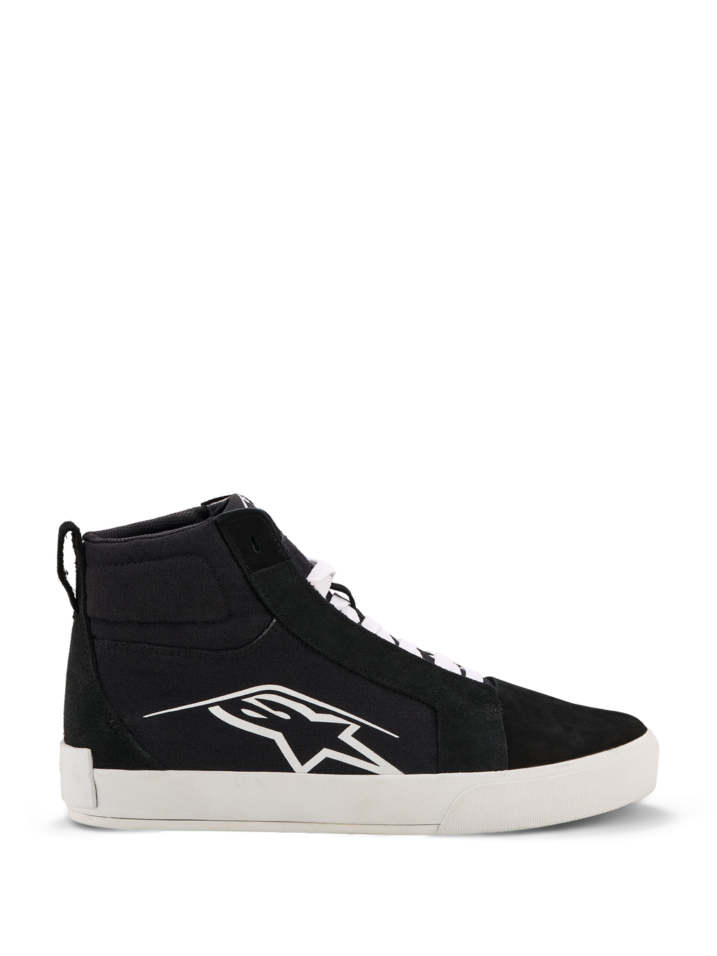 Alpinestars Ride-63 Canvas schoenen, urban motorschoenen, zwart en wit, groot wit Astars-logo op de zijkant, dikke witte platte zool, witte veters, casual hoog sneakermodel