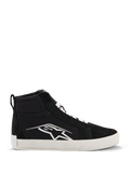 Alpinestars Ride-63 Canvas schoenen, urban motorschoenen, zwart en wit, groot wit Astars-logo op de zijkant, dikke witte platte zool, witte veters, casual hoog sneakermodel