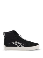 Alpinestars Ride-63 Canvas schoenen, urban motorschoenen, zwart en wit, groot wit Astars-logo op de zijkant, dikke witte platte zool, witte veters, casual hoog sneakermodel
