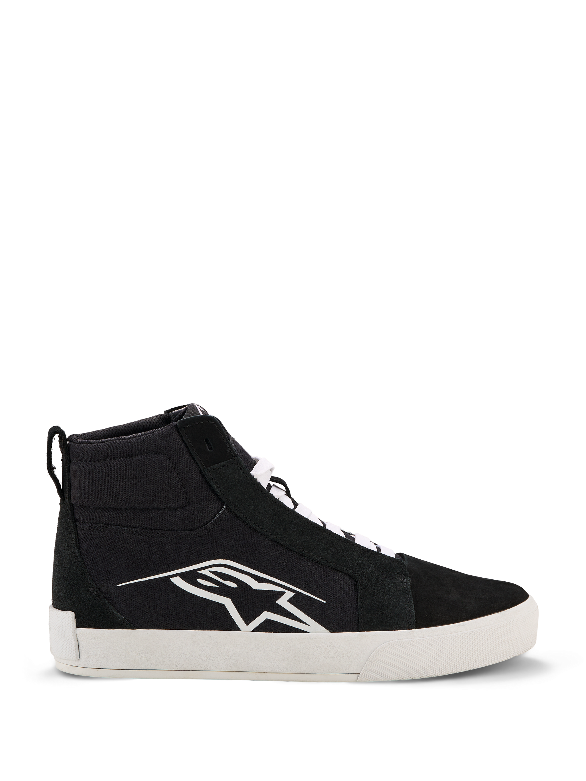 Alpinestars Ride-63 Canvas schoenen, urban motorschoenen, zwart en wit, groot wit Astars-logo op de zijkant, dikke witte platte zool, witte veters, casual hoog sneakermodel