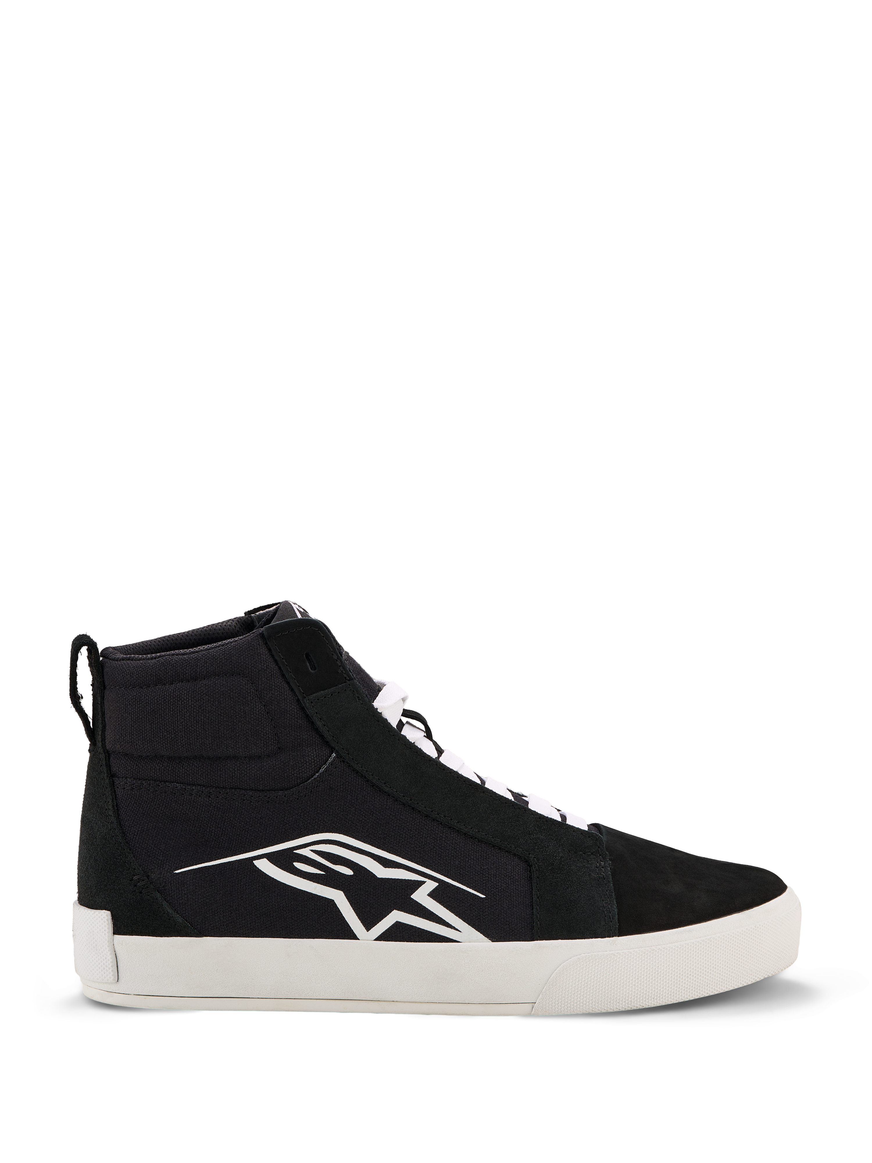 Alpinestars Ride-63 Canvas schoenen, urban motorschoenen, zwart en wit, groot wit Astars-logo op de zijkant, dikke witte platte zool, witte veters, casual hoog sneakermodel