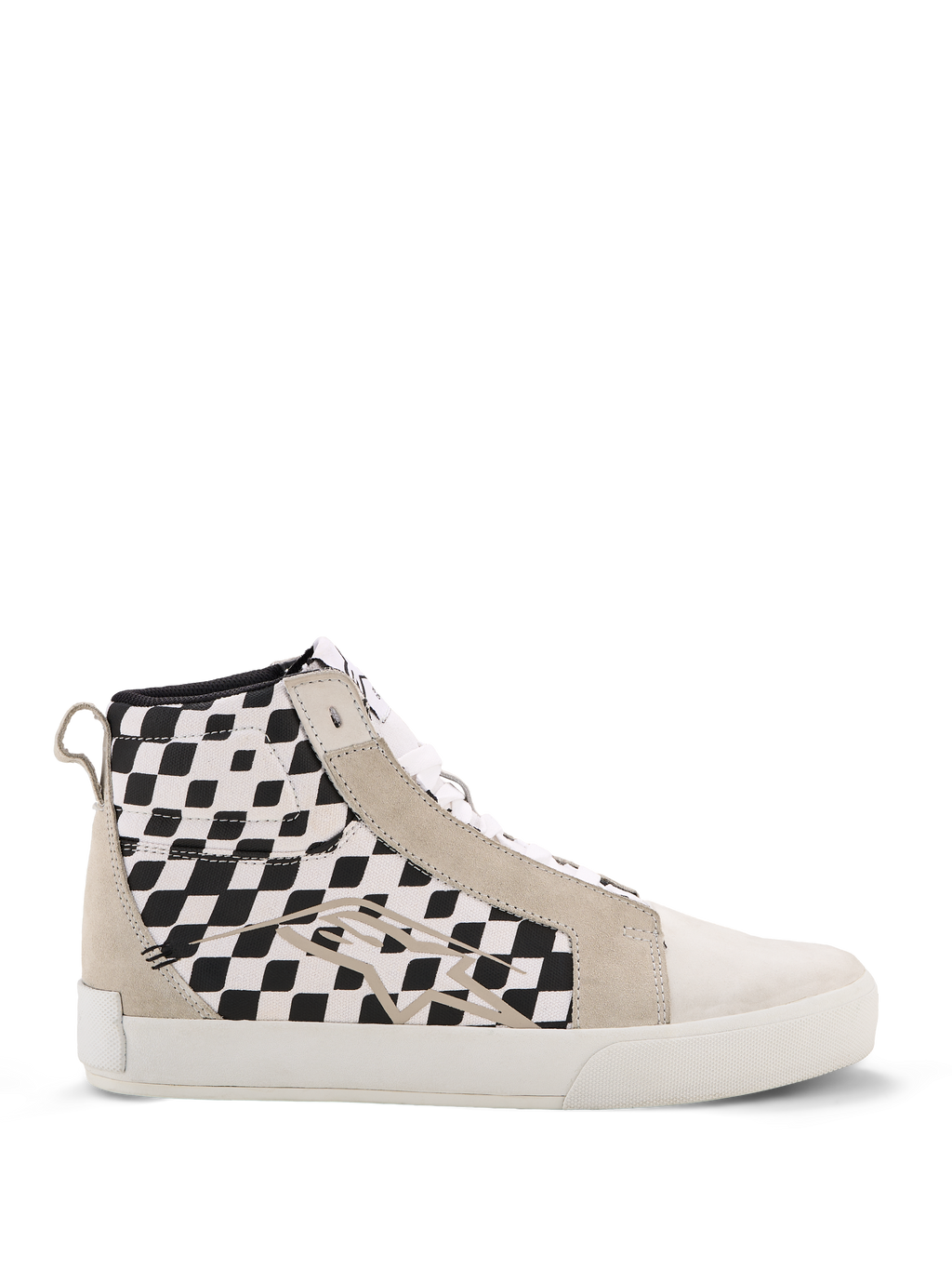 Alpinestars Ride-63 Canvas schoenen, hoge urban motorsneakers, zwart-wit geblokte zijpanelen, beige suède overlays, witte gevulkaniseerde zool, casual motorsport-geïnspireerd schoeisel