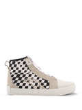 Alpinestars Ride-63 Canvas schoenen, hoge urban motorsneakers, zwart-wit geblokte zijpanelen, beige suède overlays, witte gevulkaniseerde zool, casual motorsport-geïnspireerd schoeisel