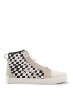 Alpinestars Ride-63 Canvas schoenen, hoge urban motorsneakers, zwart-wit geblokte zijpanelen, beige suède overlays, witte gevulkaniseerde zool, casual motorsport-geïnspireerd schoeisel