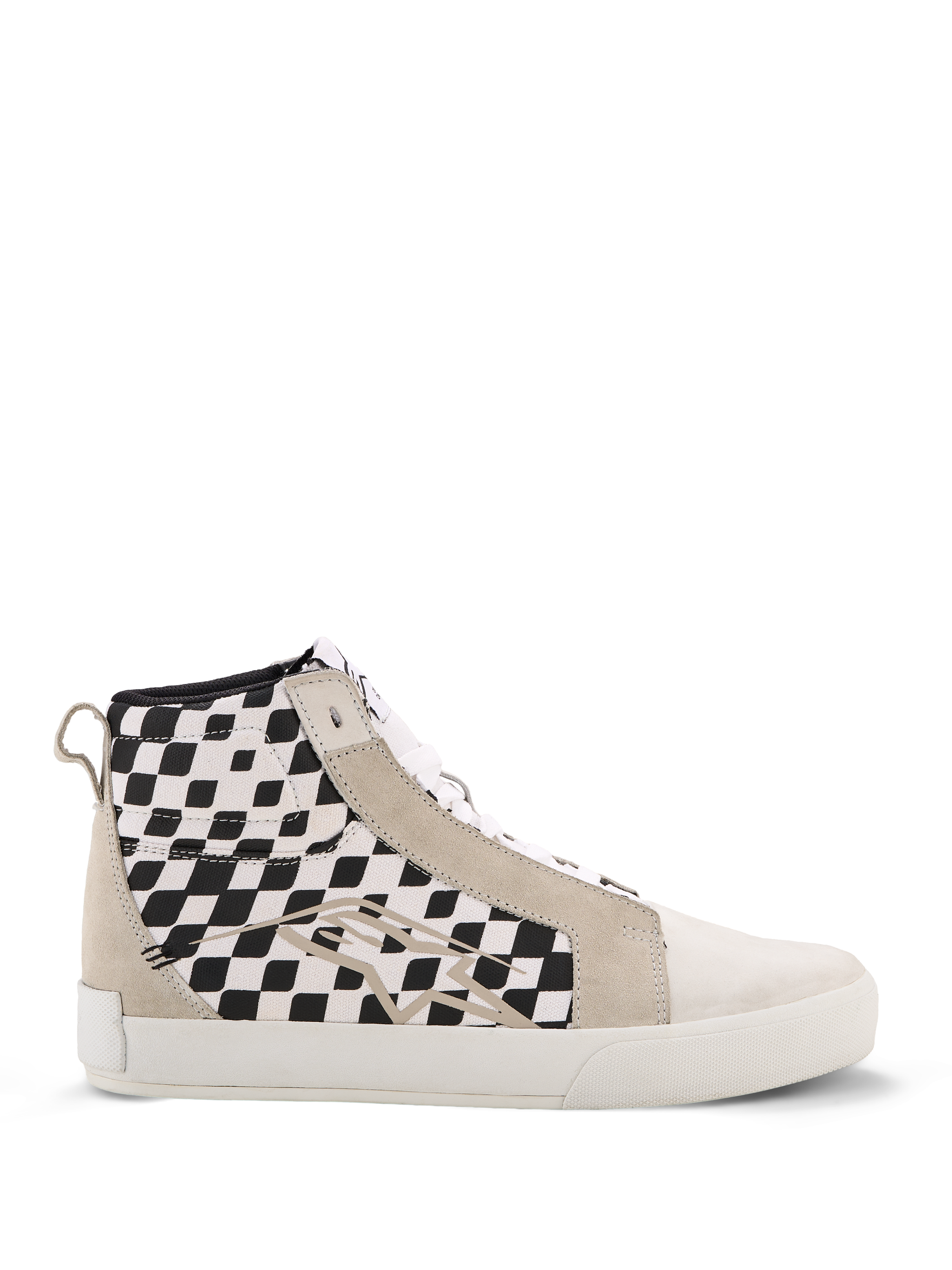 Alpinestars Ride-63 Canvas schoenen, hoge urban motorsneakers, zwart-wit geblokte zijpanelen, beige suède overlays, witte gevulkaniseerde zool, casual motorsport-geïnspireerd schoeisel
