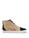 Alpinestars Ride-63 Canvas Shoes, hoge sneakers, beige en zwart, roze veters, witte zool, meerkleurig sterlogo in rood en geel, suède-achtige textuur, casual motorsport-geïnspireerd schoeisel