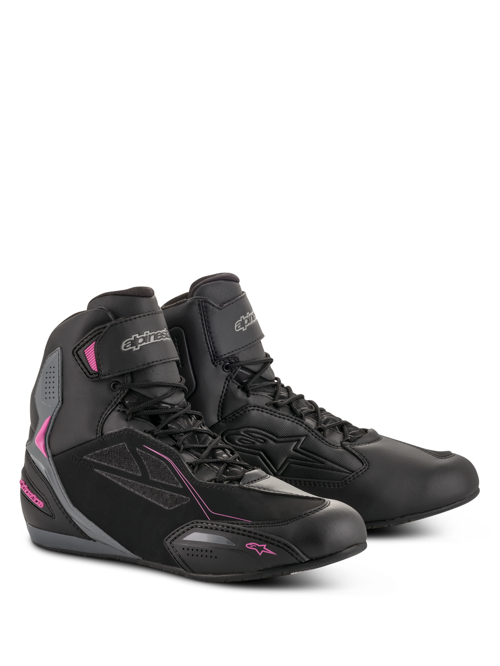 Alpinestars Stella Faster-3 Drystar damesschoenen, motorschoenen, zwart met donkergrijs en fuchsia accenten, waterdichte constructie van microvezel en PU-suède, vetersluiting met klittenband enkelbandje, slank urban sportief ontwerp