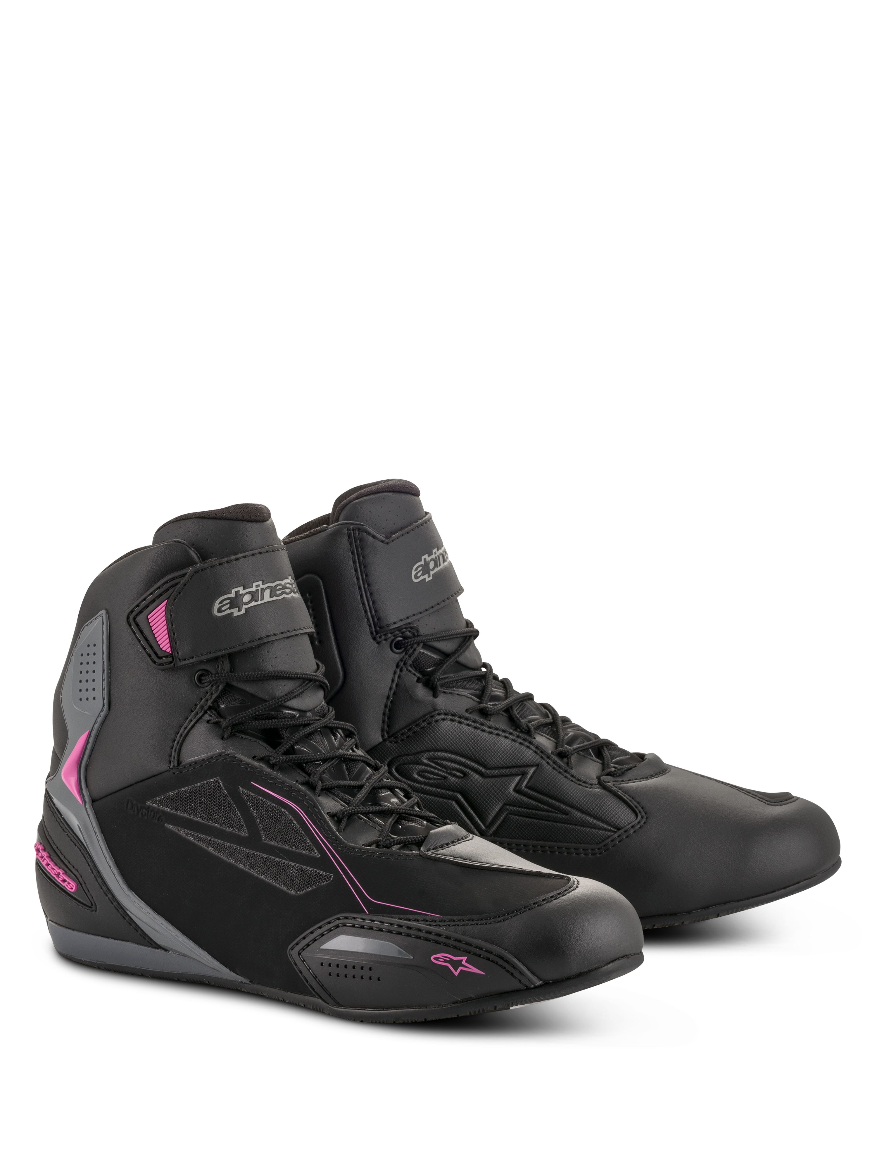 Alpinestars Stella Faster-3 Drystar damesschoenen, motorschoenen, zwart met donkergrijs en fuchsia accenten, waterdichte constructie van microvezel en PU-suède, vetersluiting met klittenband enkelbandje, slank urban sportief ontwerp