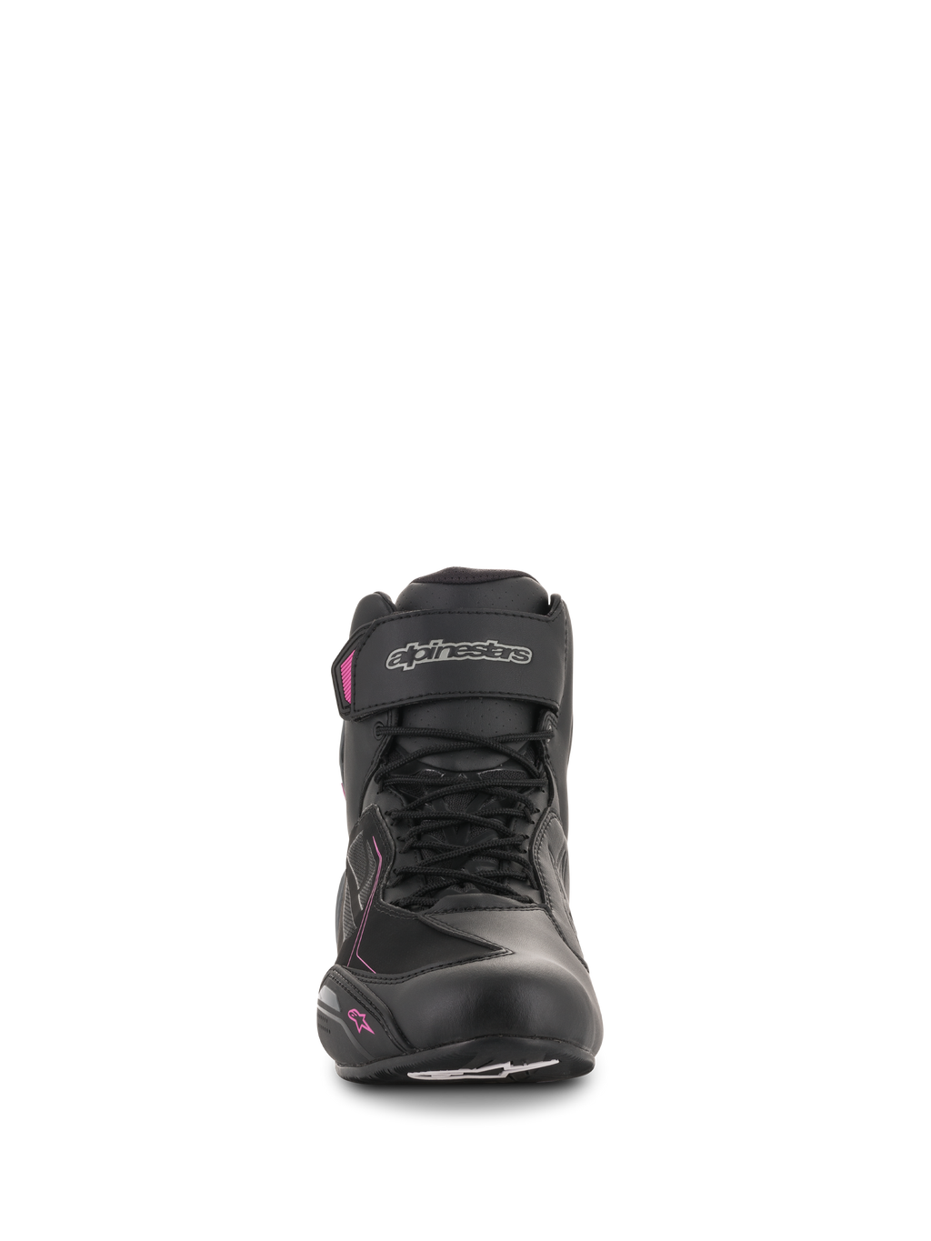 Alpinestars Stella Faster-3 Drystar® damesschoenen, motorschoenen, zwart, donkergrijs en fuchsia, vooraanzicht met vetersluiting, enkelbandje met zilverkleurig logo, roze accenten op een vrouwelijk profiel